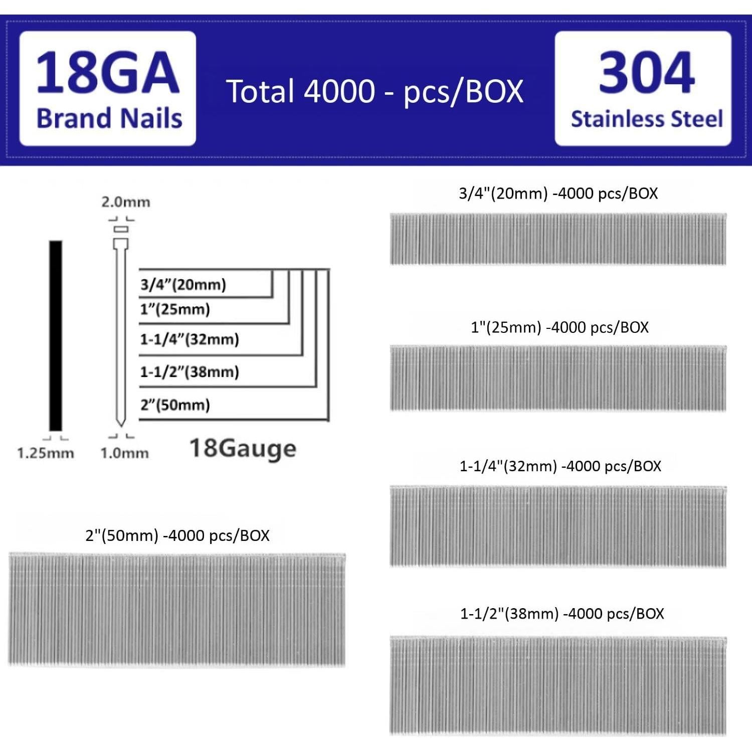 Clavos Brad 18GA Kofdvdz Acero Inoxidable 304 38mm 4000 pcs