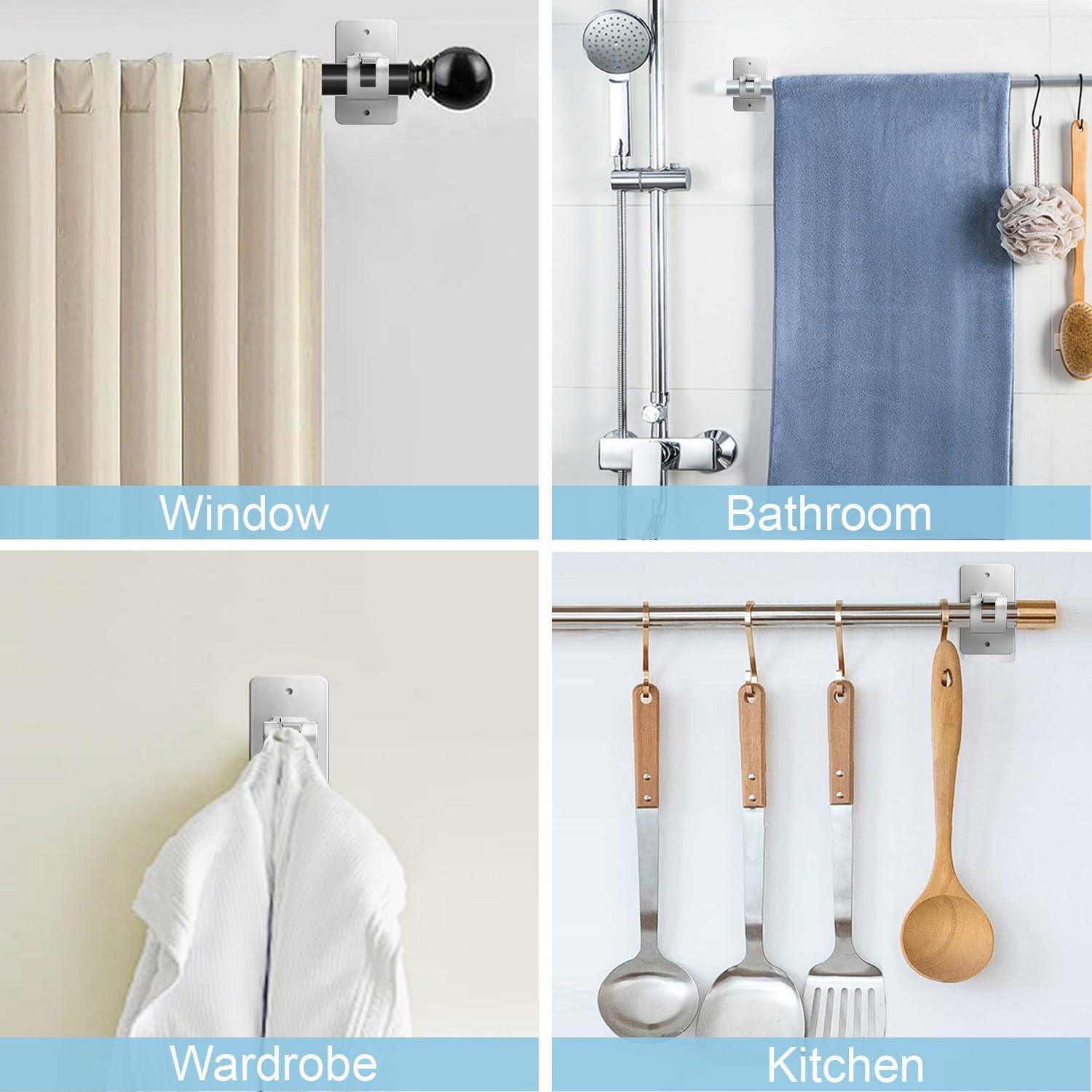 Soporte de Barra de Cortina Autoadhesivo Cadorasty 4 Pcs Plata