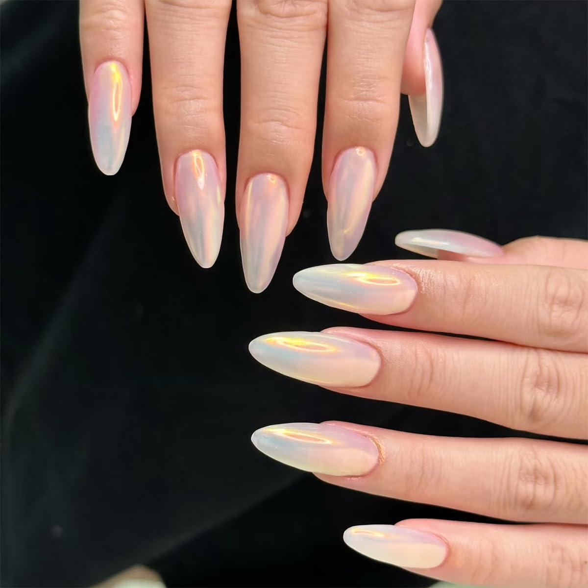 30 Uñas Presionadas Almendra Champán - Kit Reutilizable con Caja