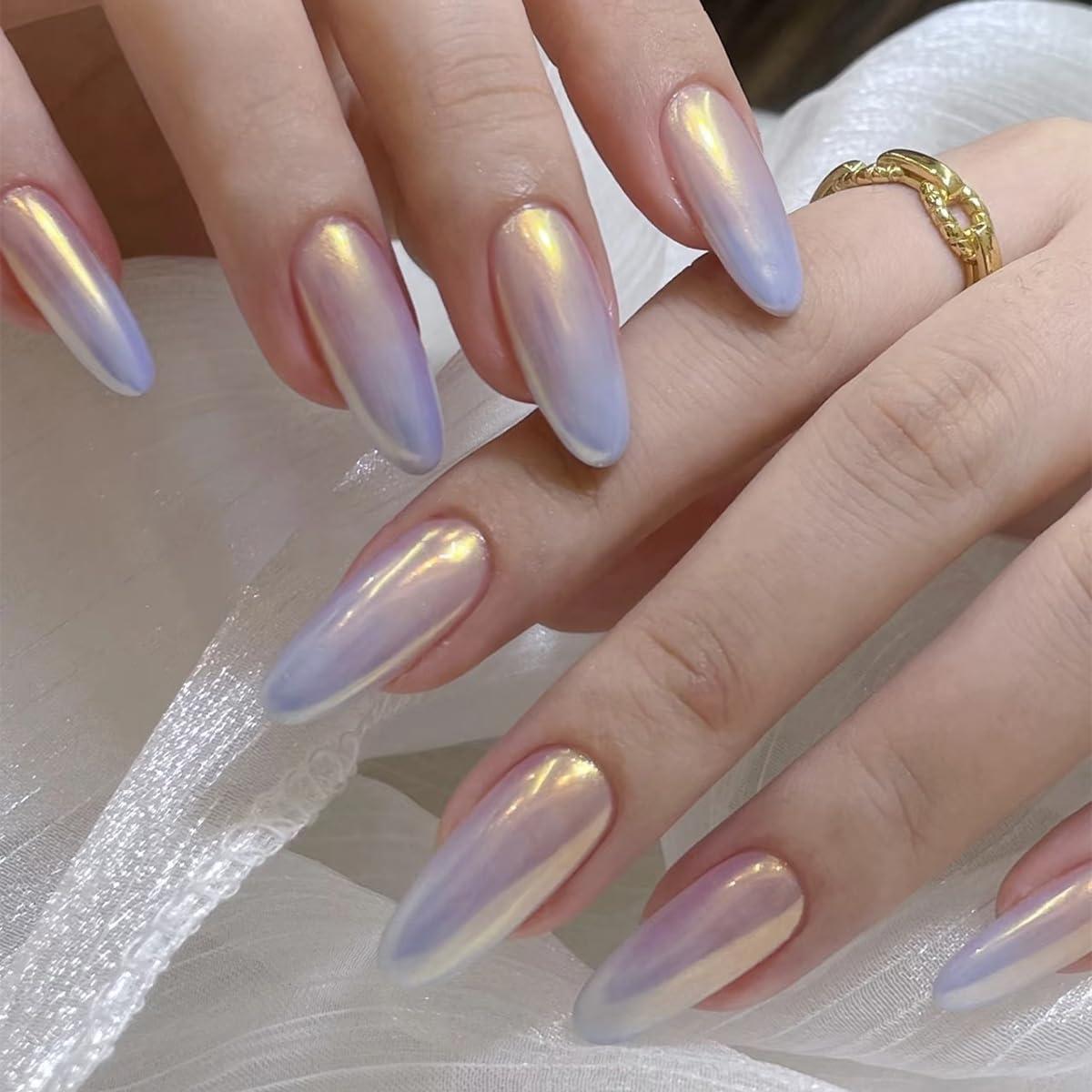 30 Uñas Presionadas Almendra Champán - Kit Reutilizable con Caja