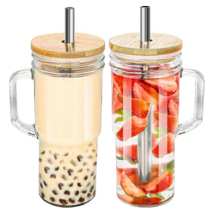 Vasos de vidrio 24 oz con tapa y popote FRAGSCEN - 2 Paquete