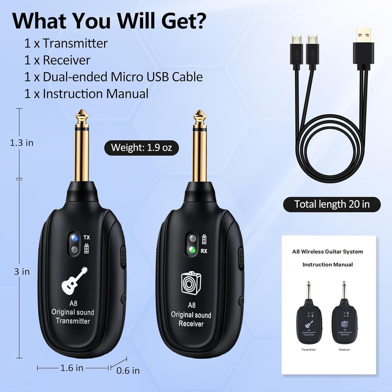 Transmisor y Receptor Inalámbrico WENTELMUSIC A8 para Guitarra