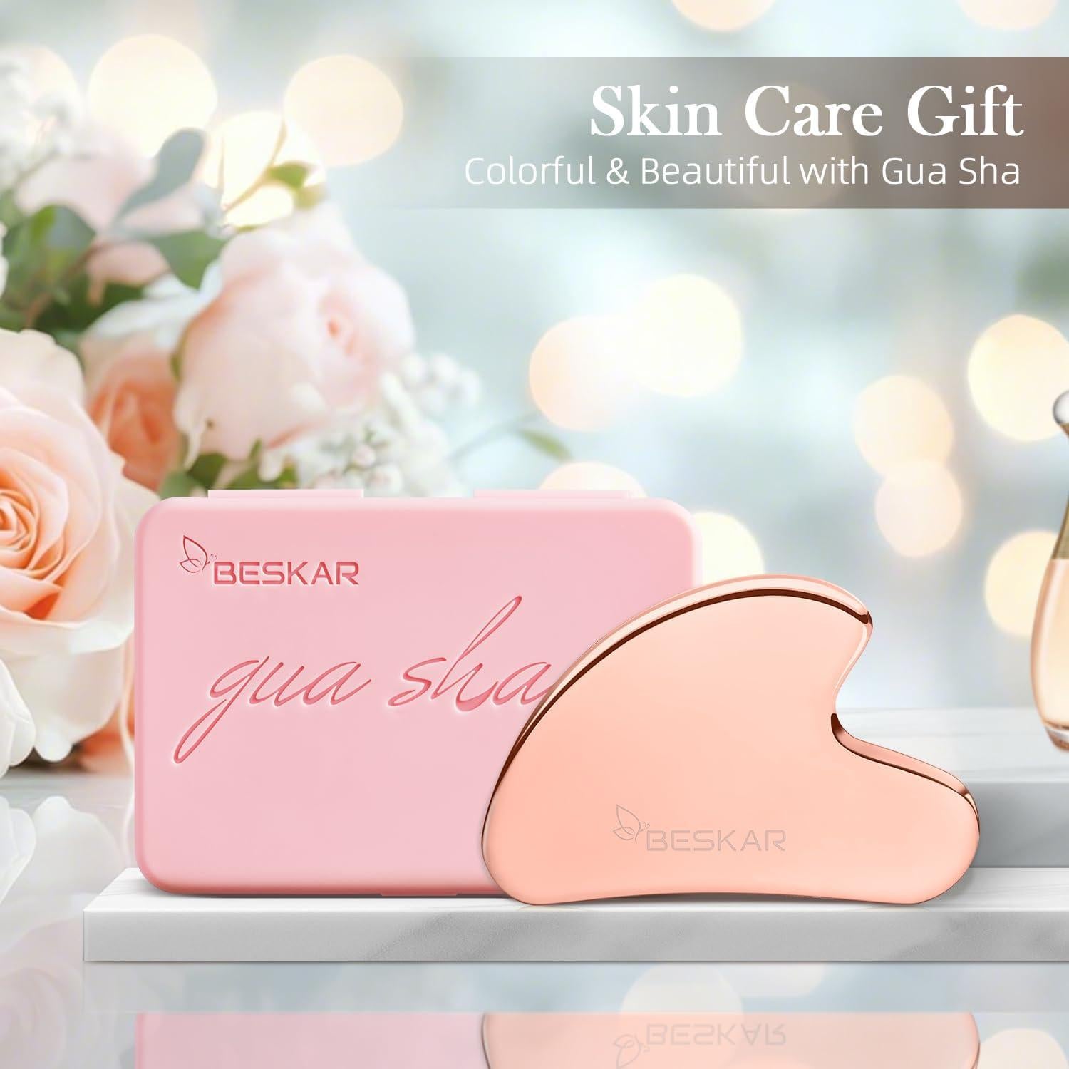 Masajeador Gua Sha Facial BESKAR Acero Inoxidable Rosa 5.5cm