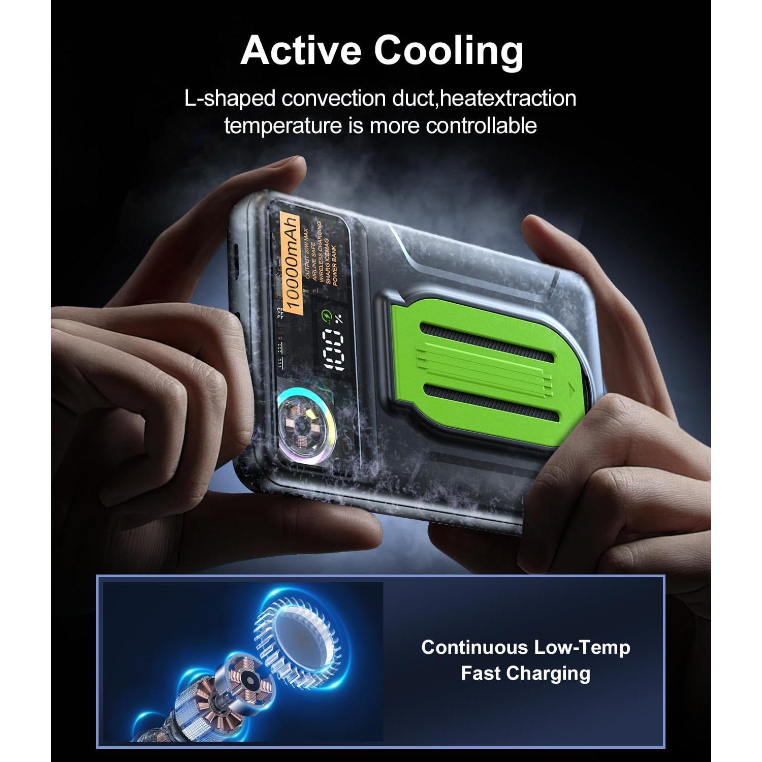 Magnetic Power Bank 10000mAh,Foldable Wireless Portable Charger with Fan Active Cooling System,Fast Charging Battery Pack,Compatible with iPhone 16/15/14/13/12 Pro/Pro Max/Plus/Mini