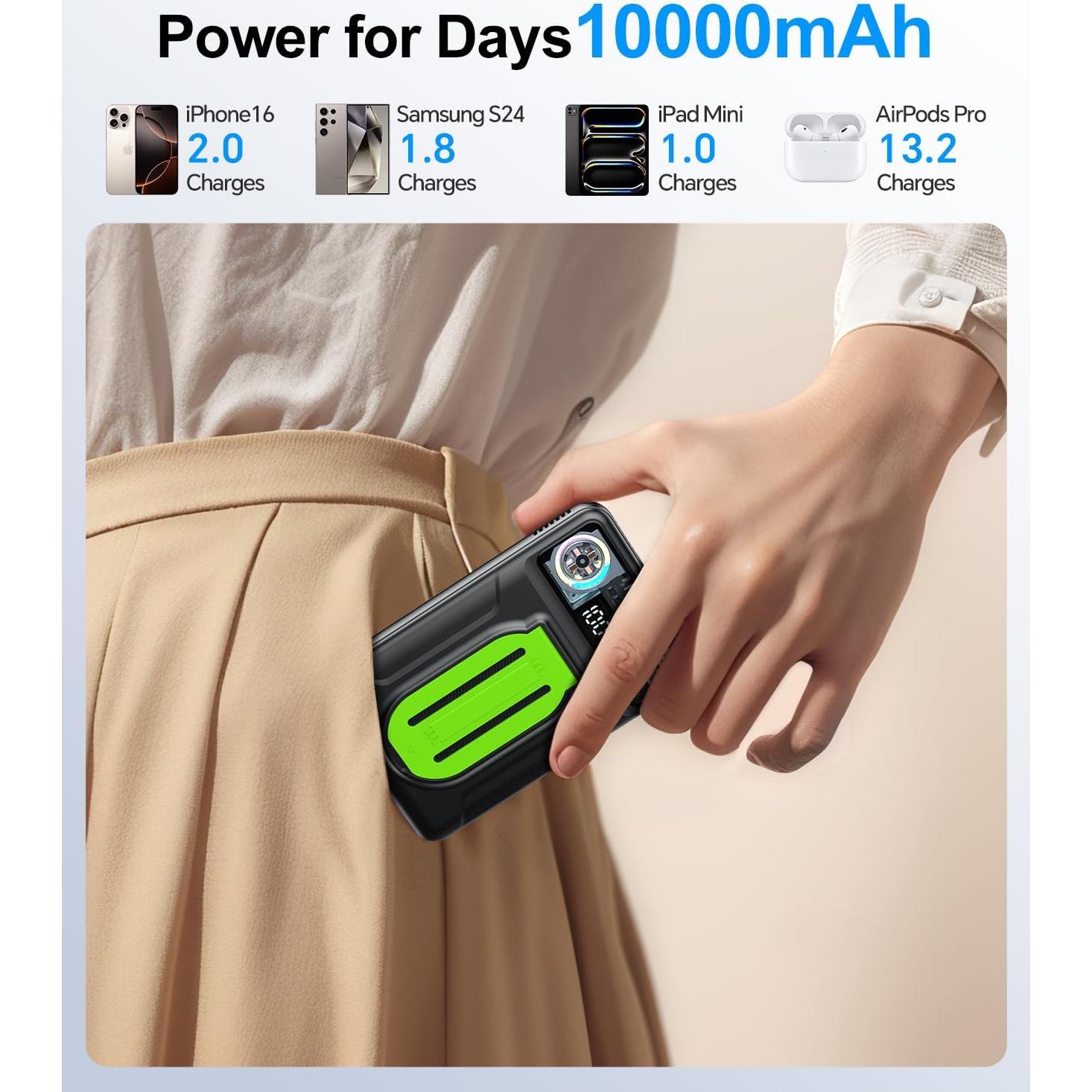 Magnetic Power Bank 10000mAh,Foldable Wireless Portable Charger with Fan Active Cooling System,Fast Charging Battery Pack,Compatible with iPhone 16/15/14/13/12 Pro/Pro Max/Plus/Mini