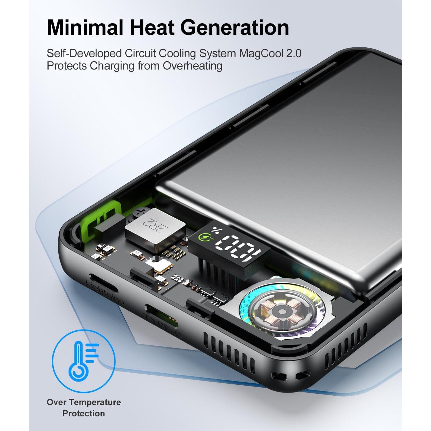 Magnetic Power Bank 10000mAh,Foldable Wireless Portable Charger with Fan Active Cooling System,Fast Charging Battery Pack,Compatible with iPhone 16/15/14/13/12 Pro/Pro Max/Plus/Mini