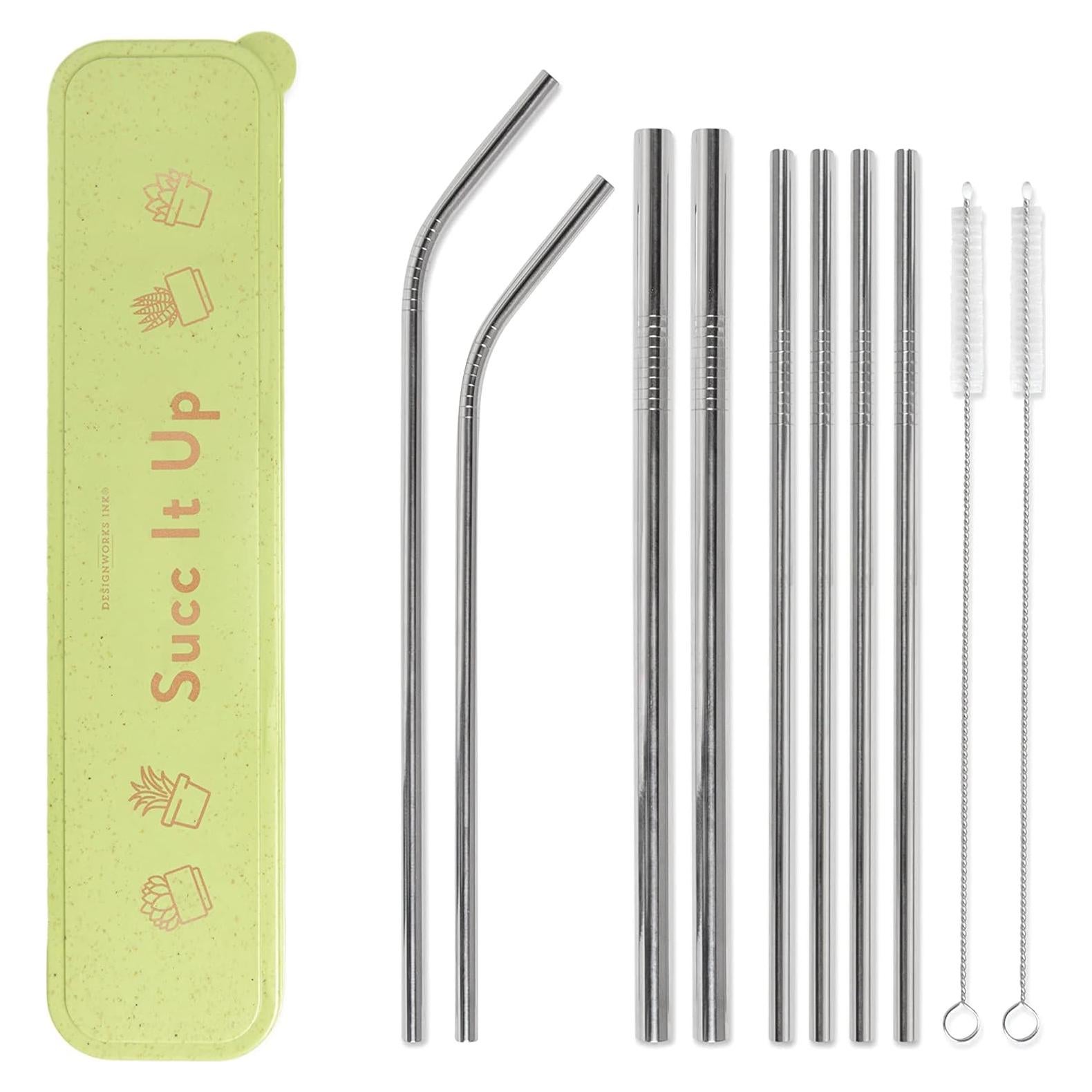 Set de Popotes Reutilizables Acero Inoxidable DesignWorks Ink - 4 Popotes y Estuche Verde