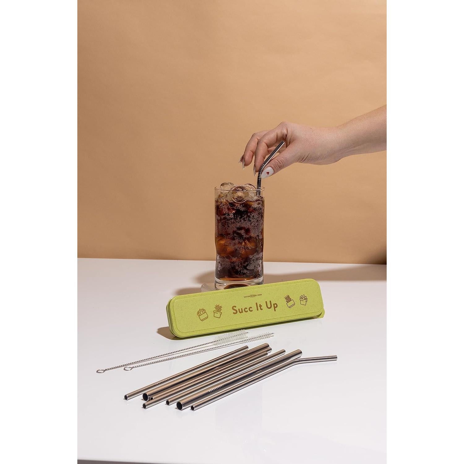 Set de Popotes Reutilizables Acero Inoxidable DesignWorks Ink - 4 Popotes y Estuche Verde