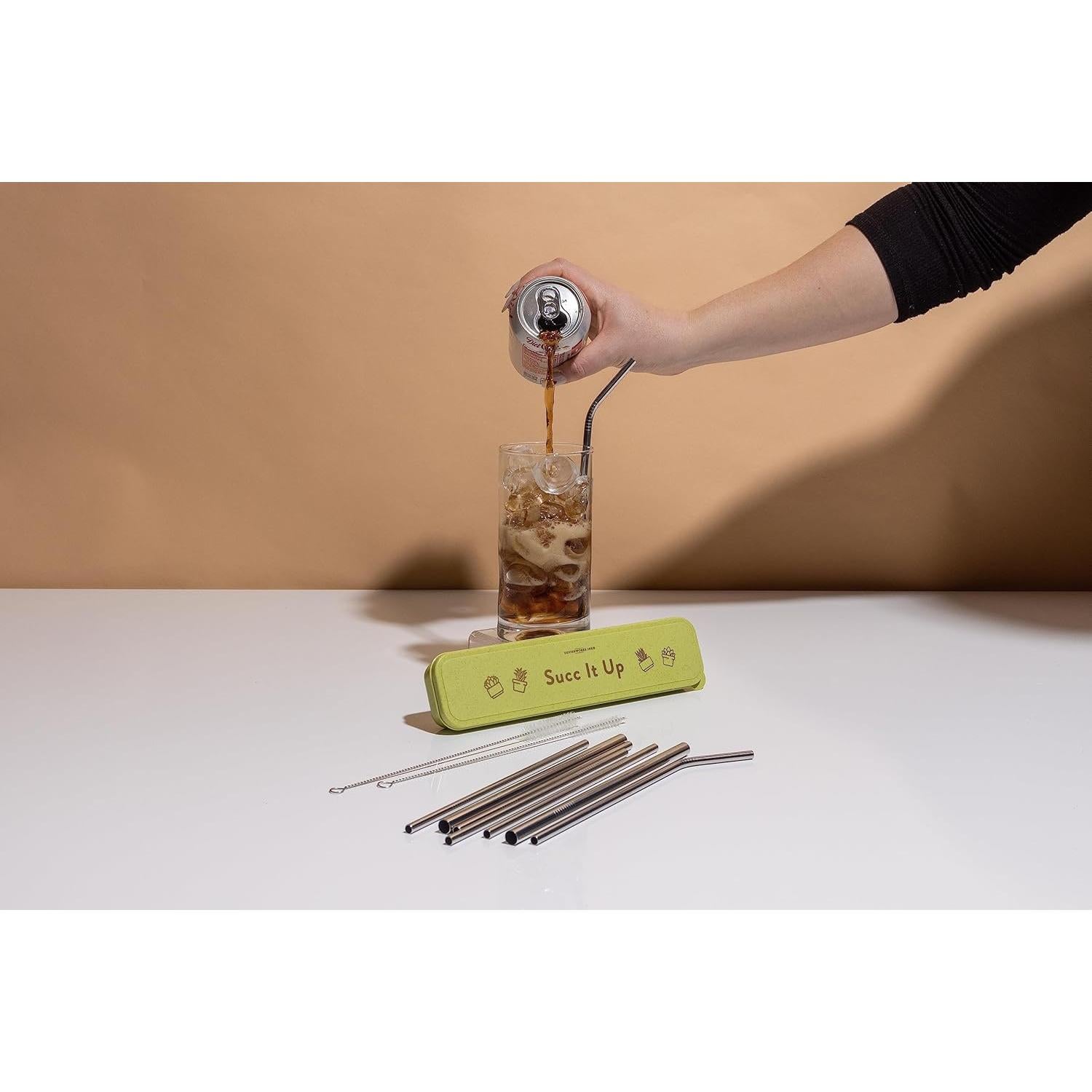 Set de Popotes Reutilizables Acero Inoxidable DesignWorks Ink - 4 Popotes y Estuche Verde