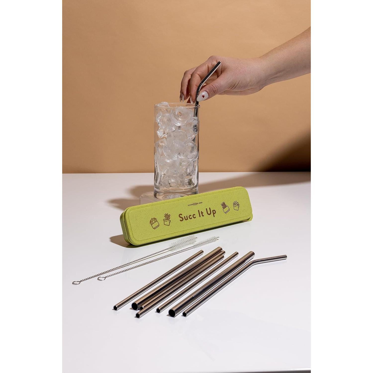 Set de Popotes Reutilizables Acero Inoxidable DesignWorks Ink - 4 Popotes y Estuche Verde