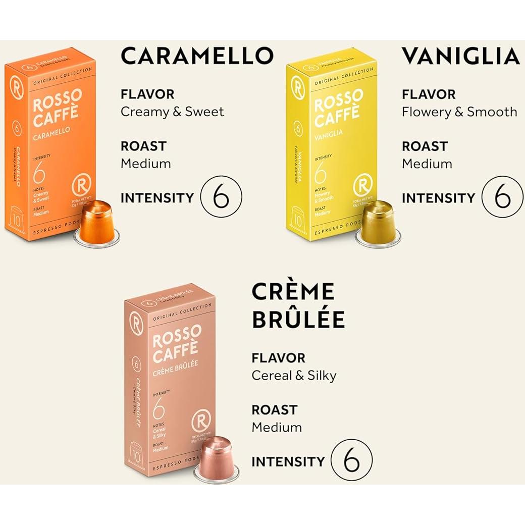 ROSSO CAFFÈ 60 Espresso Coffee Pods for Nespresso Original Machines - Pack of Premium Capsules, 4 Rich and Balanced Flavors (Chocolate, Vanilla, Crème Caramel, Hazelnut)
