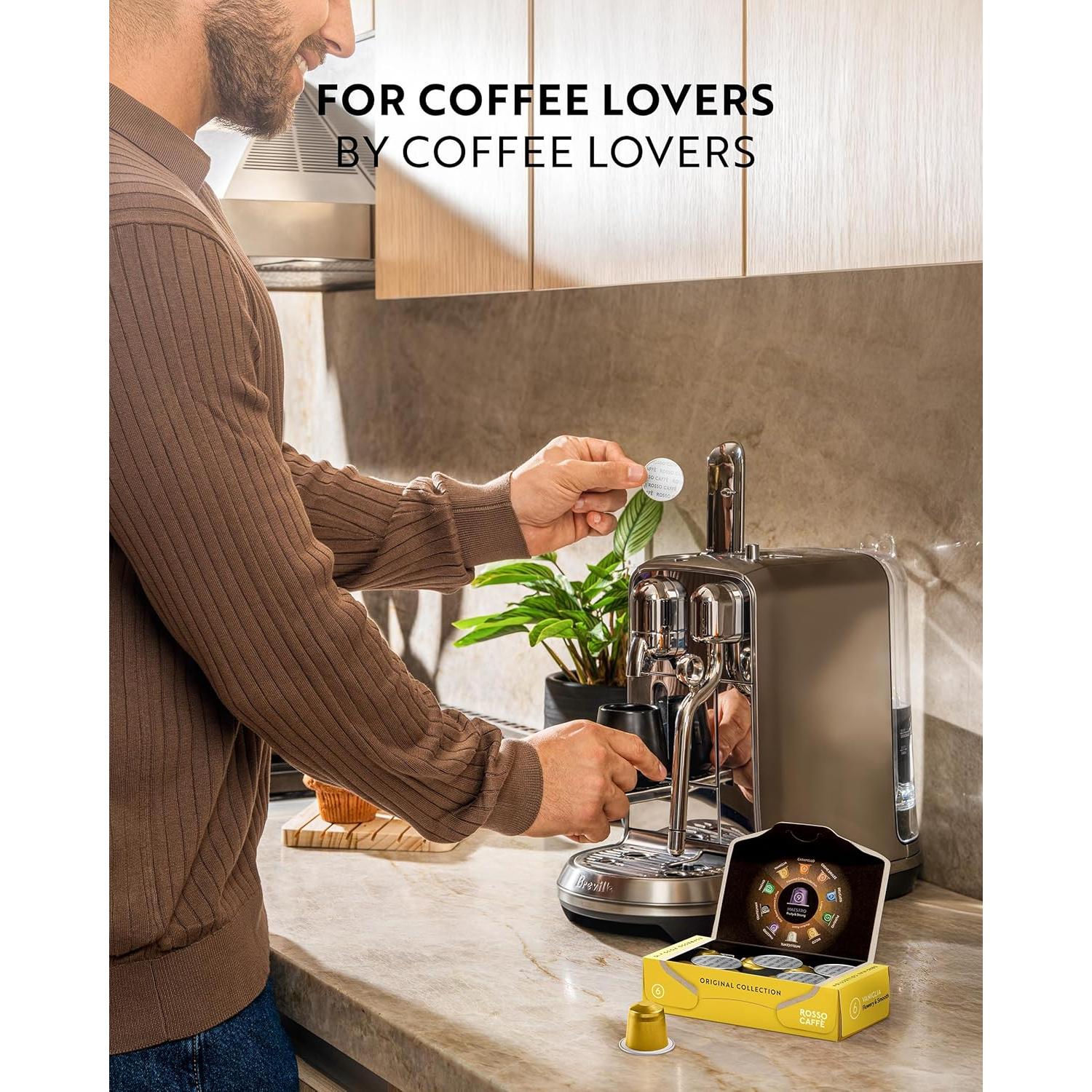 ROSSO CAFFÈ 60 Espresso Coffee Pods for Nespresso Original Machines - Pack of Premium Capsules, 4 Rich and Balanced Flavors (Chocolate, Vanilla, Crème Caramel, Hazelnut)