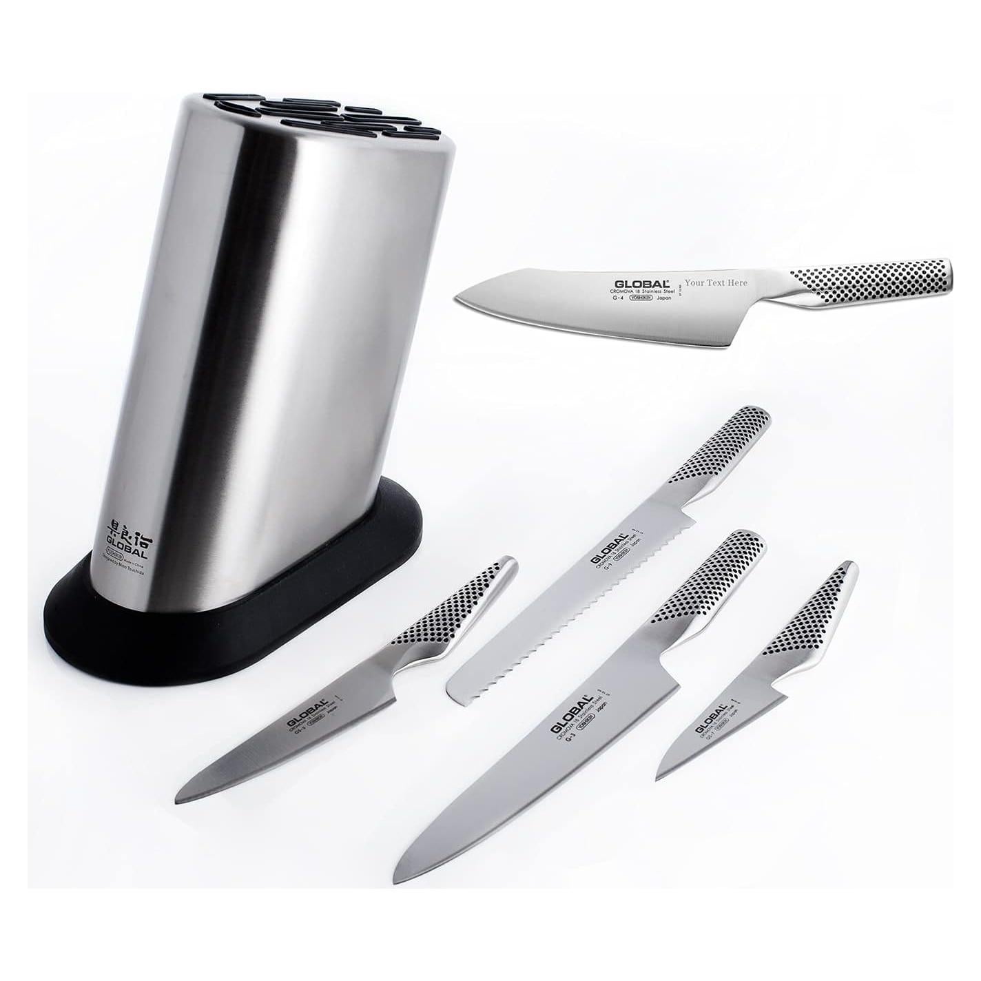 Juego de cuchillos Global G-835 con bloque, 6 piezas, grabado