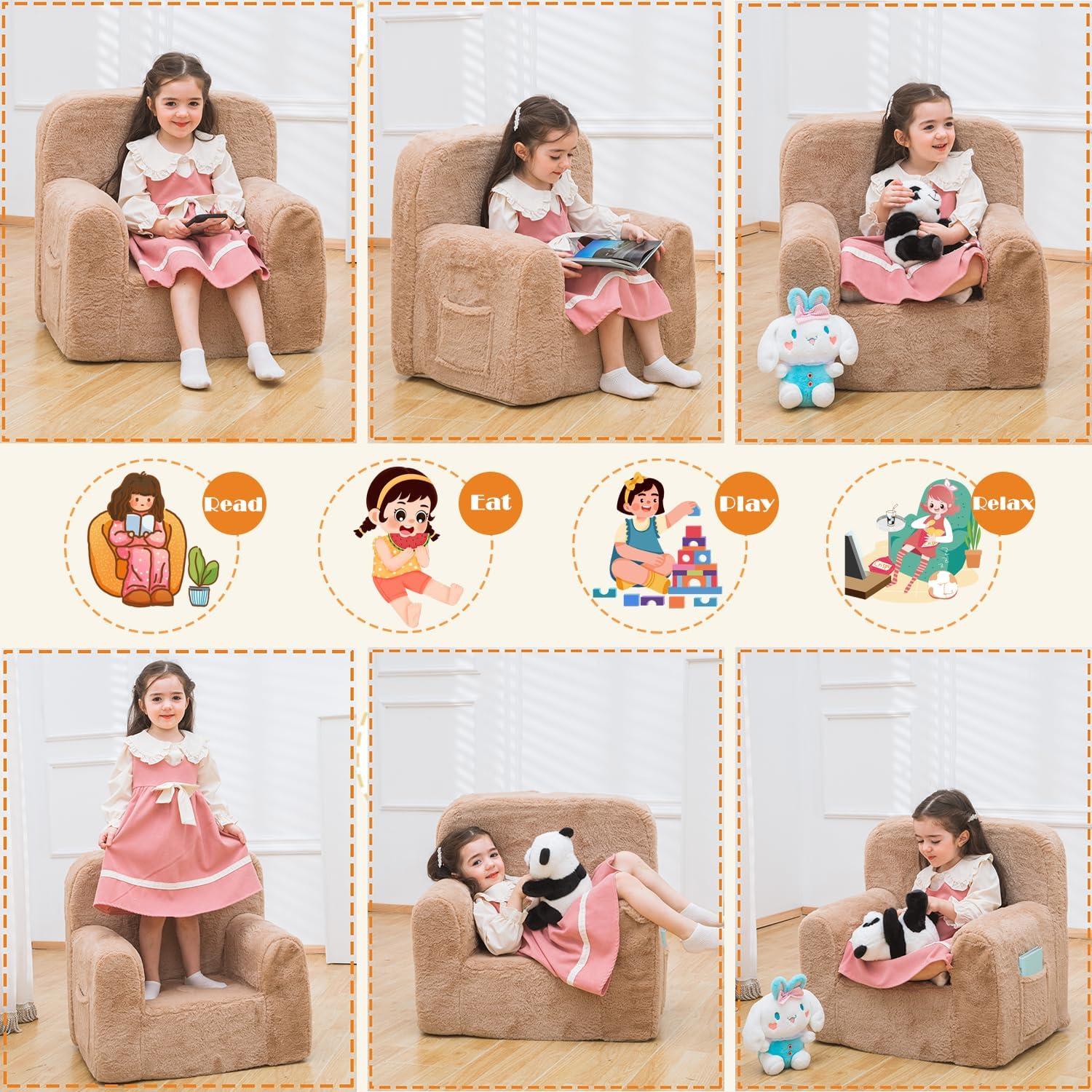 Sillón Infantil de Peluche SUFUS Camello con Respaldo Alto 63.5 cm