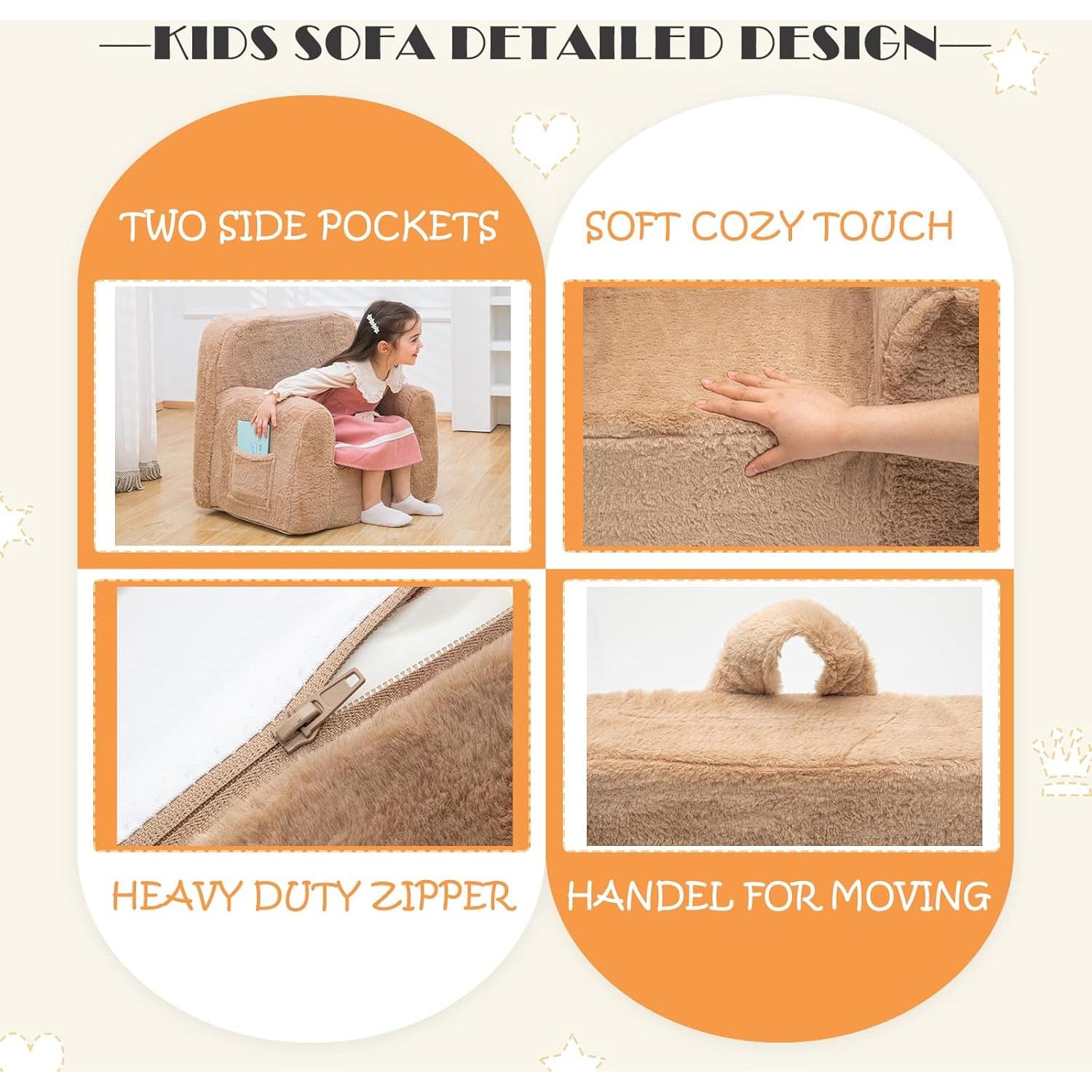 Sillón Infantil de Peluche SUFUS Camello con Respaldo Alto 63.5 cm