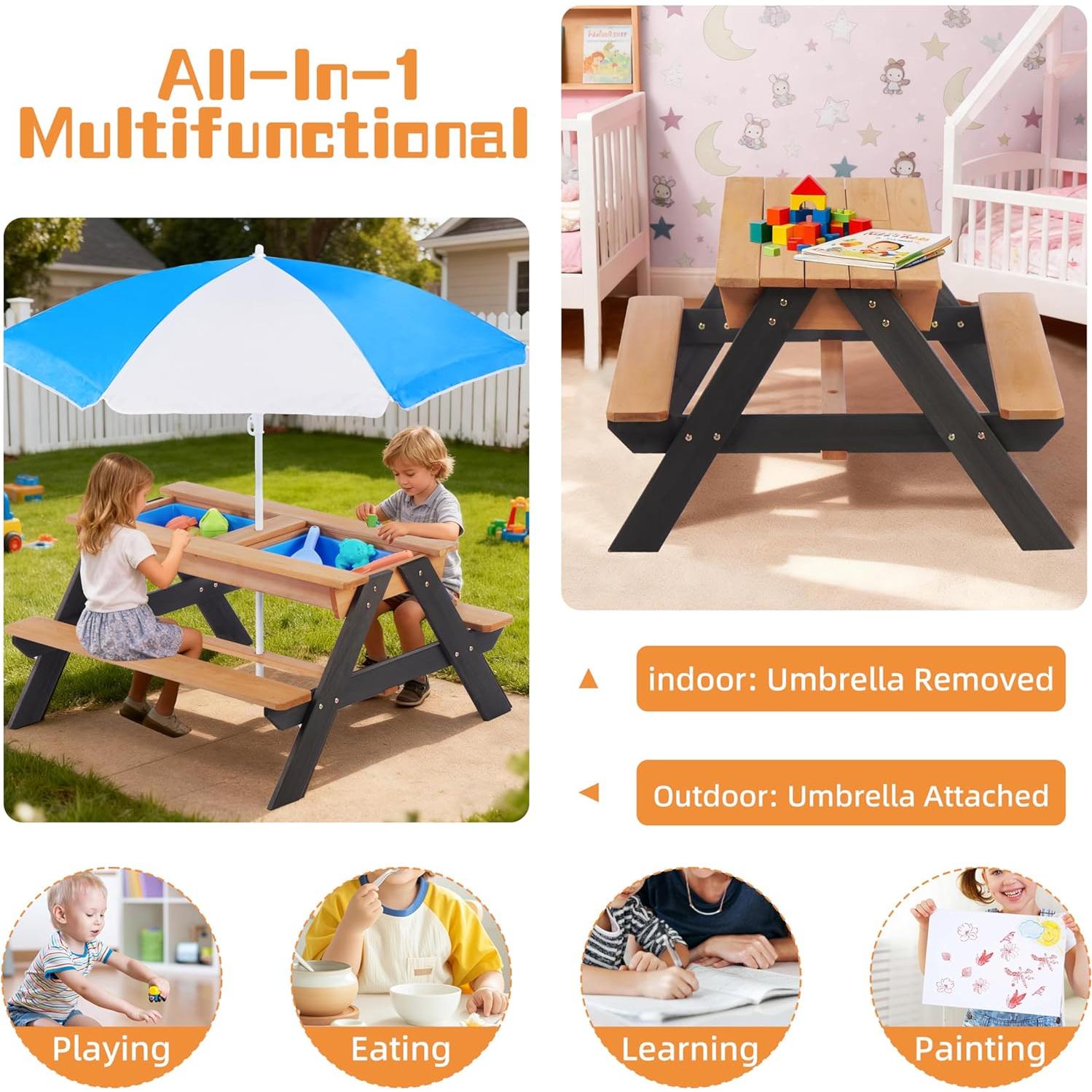 Mesa de Picnic para Niños Mederra 3 en 1 con Sombrilla