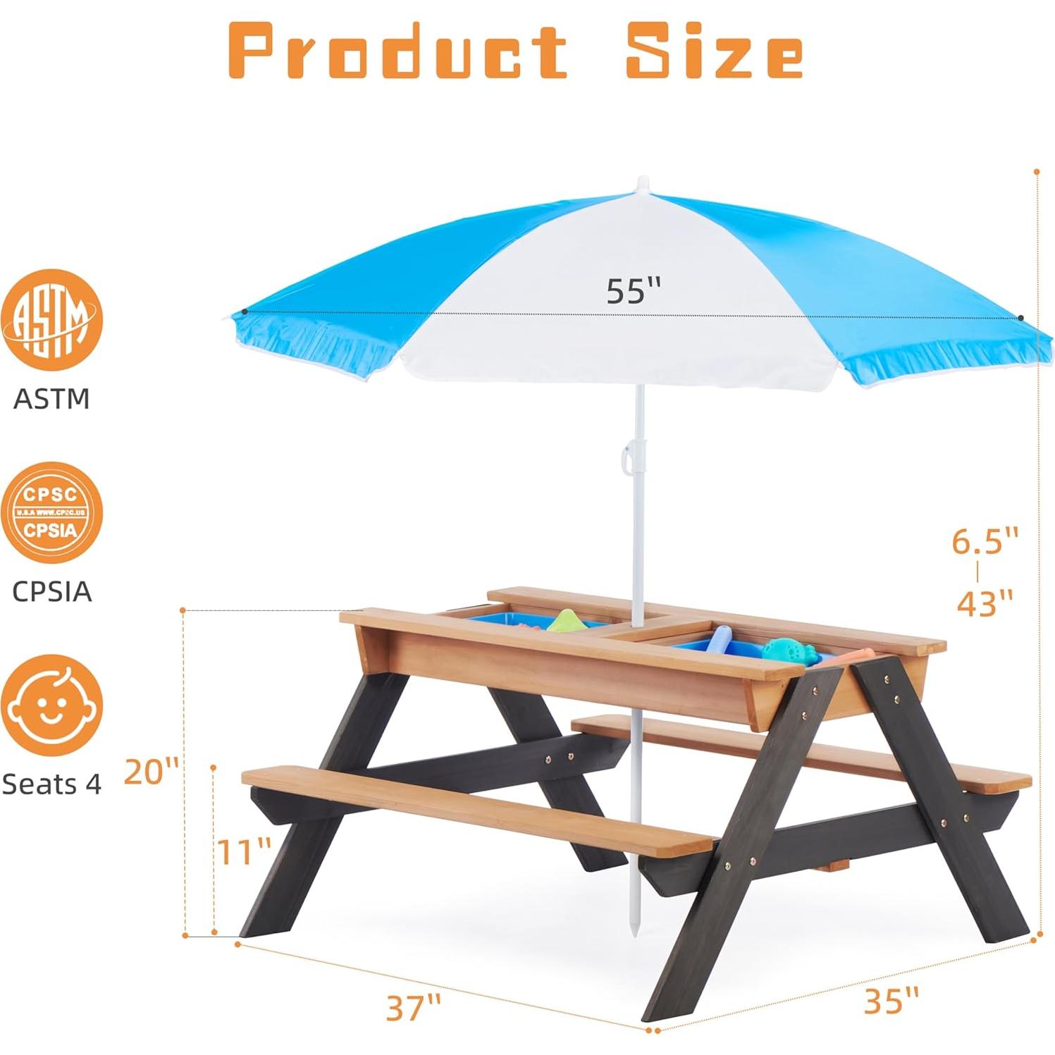 Mesa de Picnic para Niños Mederra 3 en 1 con Sombrilla