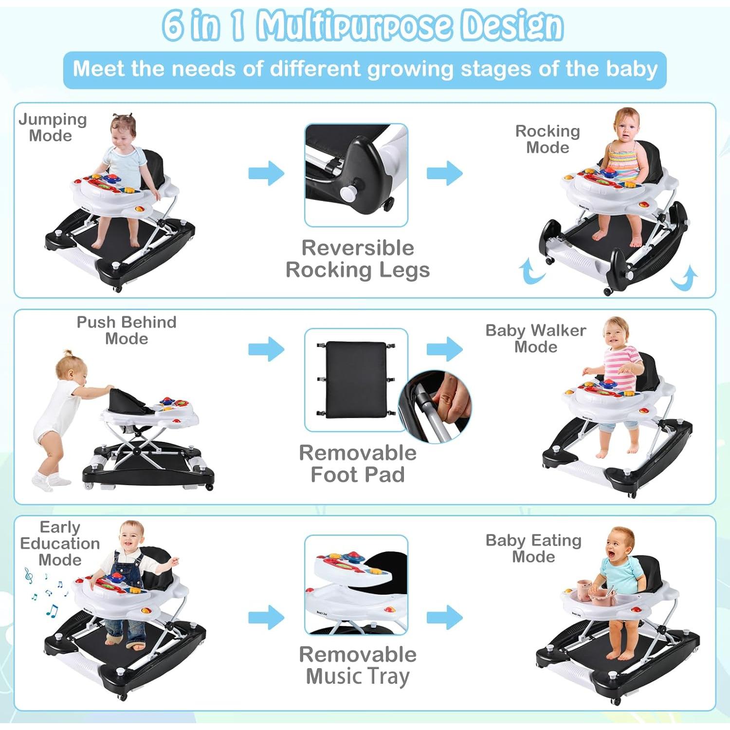 Andador HONEY JOY 6 en 1 Plegable para Bebé 7-14 Meses Negro