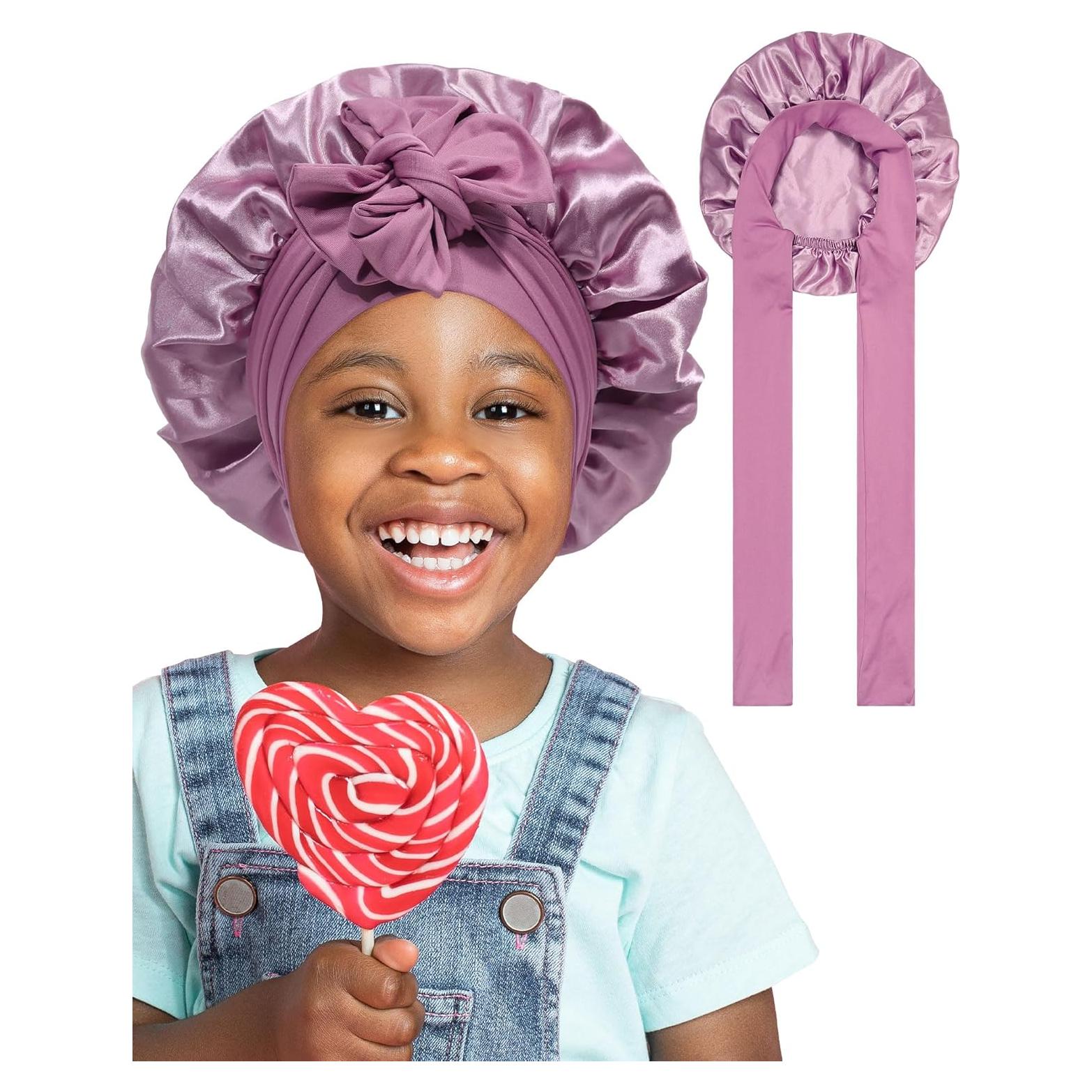 Satin Bonnet for Kids Silk Bonnets for Sleeping Curly Hair Bonnet with Elastic Tie Band Double Layer Sleep Cap for Girls Boys 3-7 Years (Bean Paste)