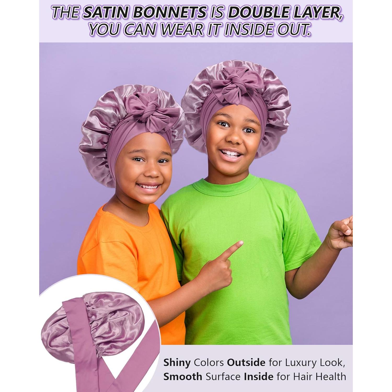 Satin Bonnet for Kids Silk Bonnets for Sleeping Curly Hair Bonnet with Elastic Tie Band Double Layer Sleep Cap for Girls Boys 3-7 Years (Bean Paste)