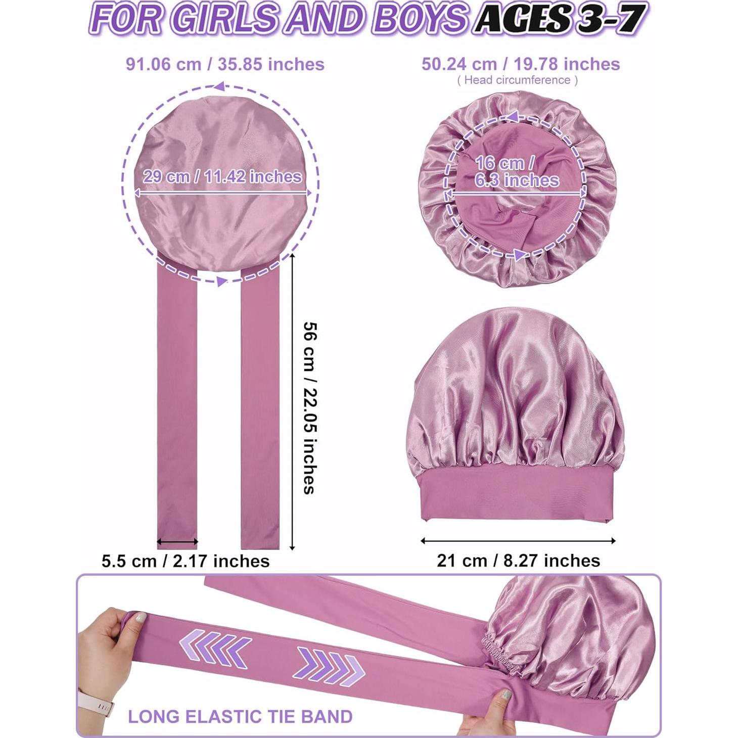 Satin Bonnet for Kids Silk Bonnets for Sleeping Curly Hair Bonnet with Elastic Tie Band Double Layer Sleep Cap for Girls Boys 3-7 Years (Bean Paste)