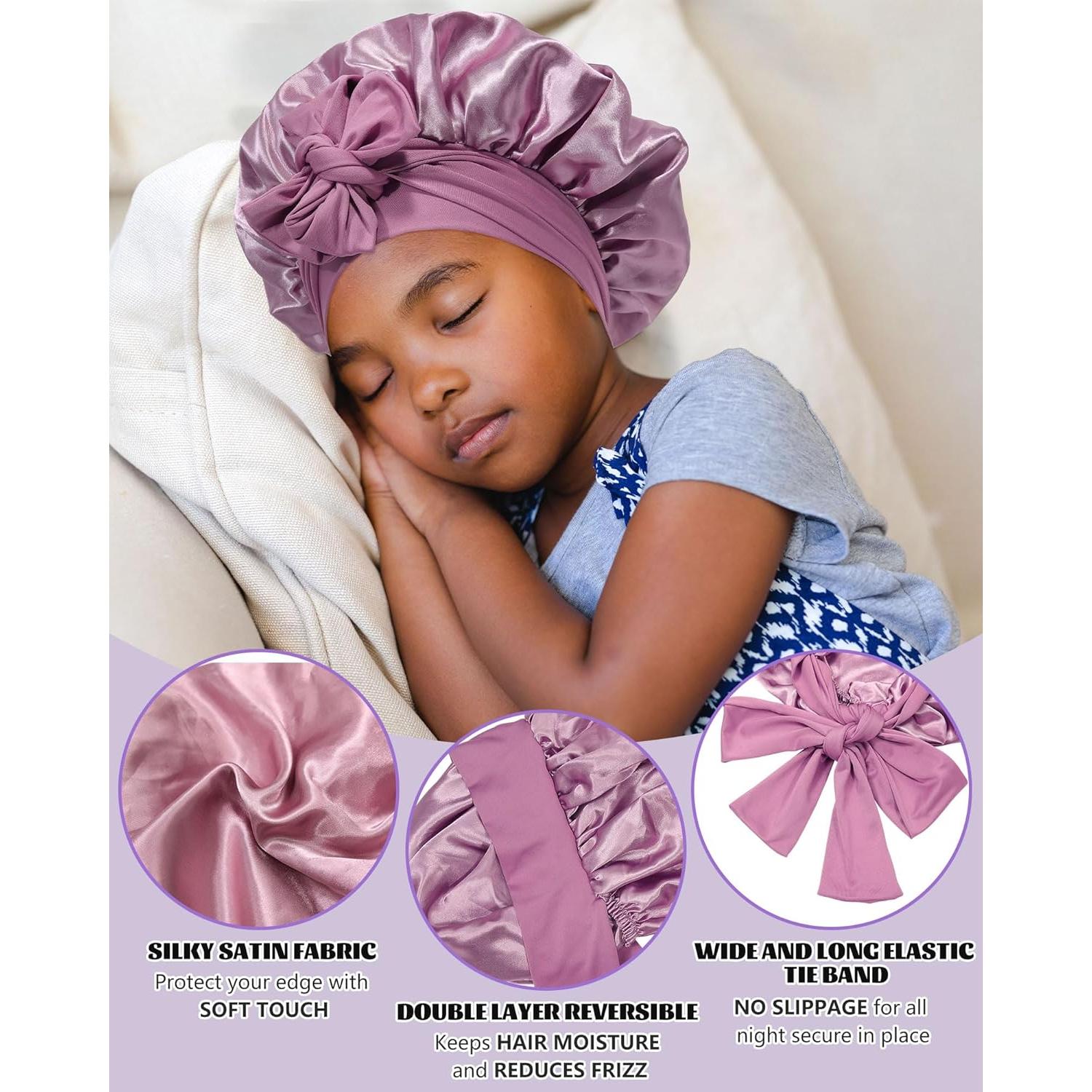 Satin Bonnet for Kids Silk Bonnets for Sleeping Curly Hair Bonnet with Elastic Tie Band Double Layer Sleep Cap for Girls Boys 3-7 Years (Bean Paste)