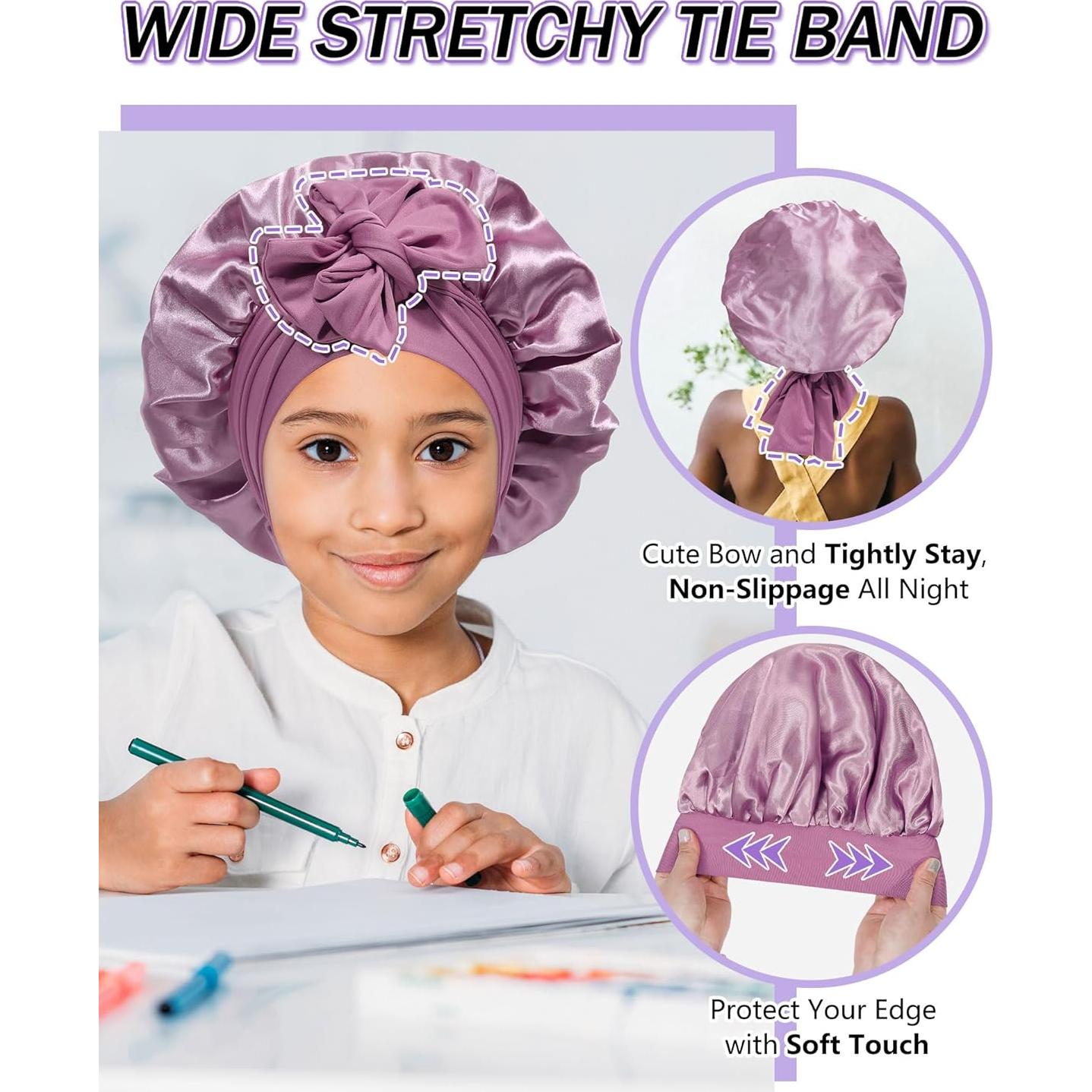 Satin Bonnet for Kids Silk Bonnets for Sleeping Curly Hair Bonnet with Elastic Tie Band Double Layer Sleep Cap for Girls Boys 3-7 Years (Bean Paste)