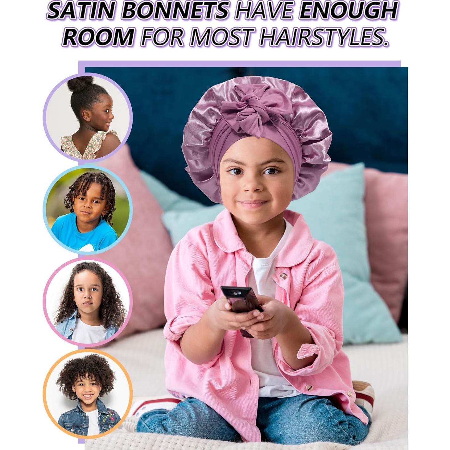 Satin Bonnet for Kids Silk Bonnets for Sleeping Curly Hair Bonnet with Elastic Tie Band Double Layer Sleep Cap for Girls Boys 3-7 Years (Bean Paste)