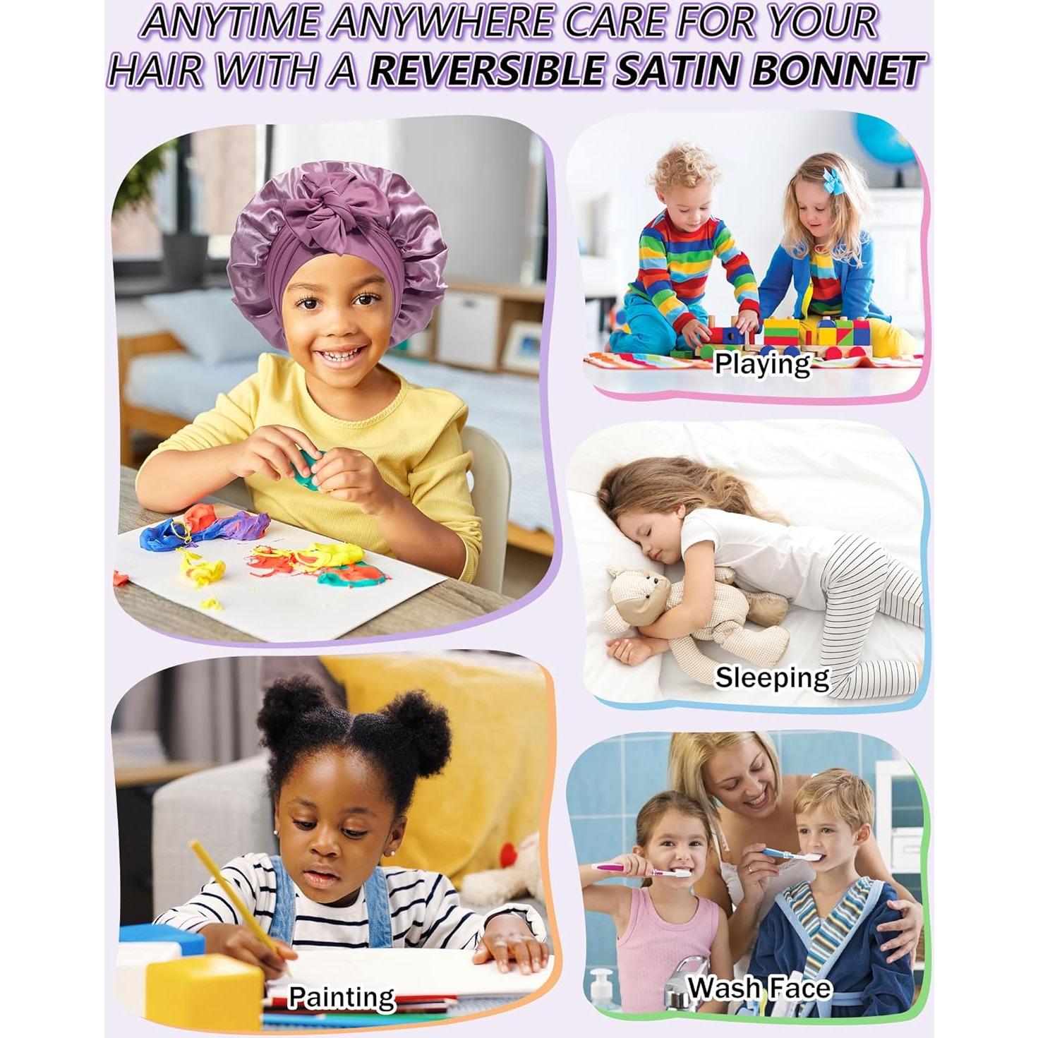 Satin Bonnet for Kids Silk Bonnets for Sleeping Curly Hair Bonnet with Elastic Tie Band Double Layer Sleep Cap for Girls Boys 3-7 Years (Bean Paste)