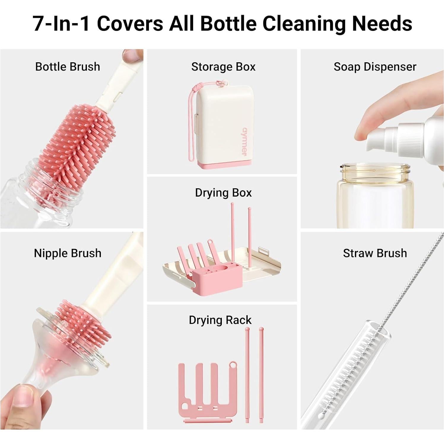 Set de Cepillos Limpiadores de Biberones 7 en 1 AYNMER - Rosa Coral