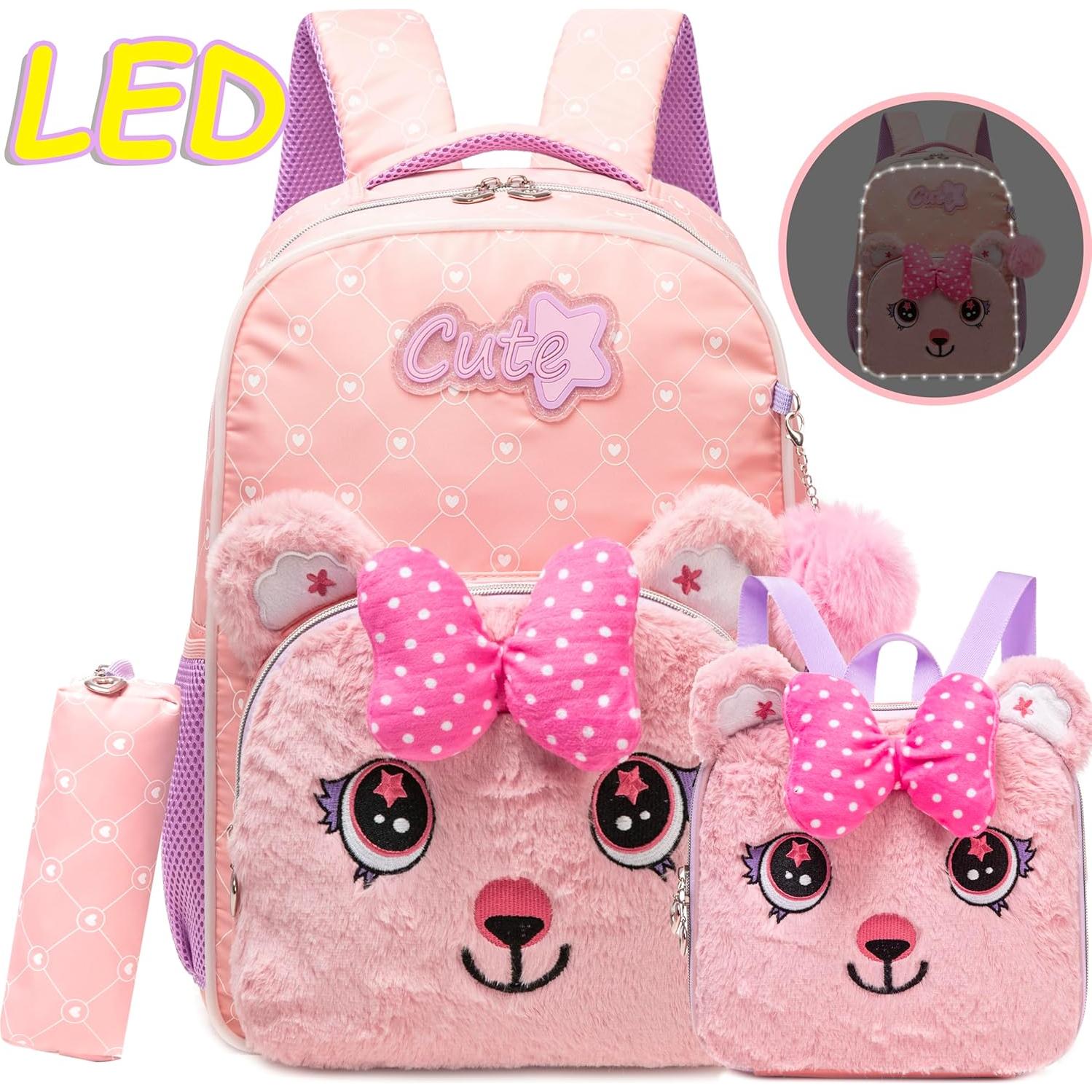 Mochila Escolar LED para Niñas Oso Rosa Claro 42x30x17 cm