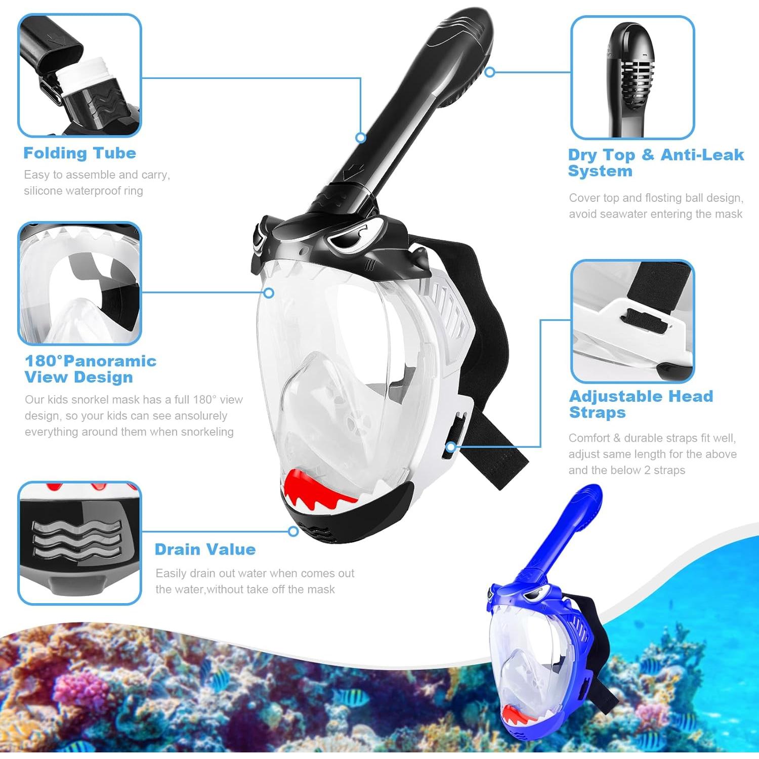 Full Face Snorkel Mask for Kids, Kids Snorkeling Set 180 Degree Panoramic View, Safe Anti-Leak Anti-Fog, Foldable Dry Top Snorkeling Gear for Kids Adult, Advanced Breathing System, 2 Pack