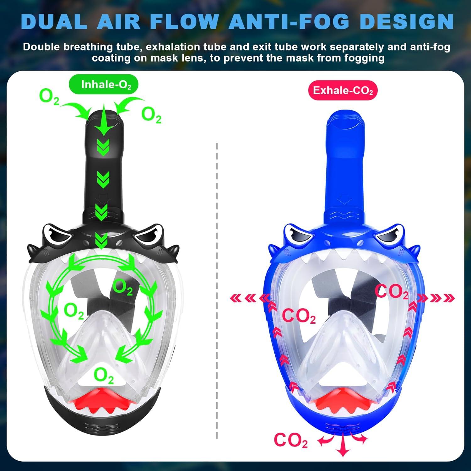 Full Face Snorkel Mask for Kids, Kids Snorkeling Set 180 Degree Panoramic View, Safe Anti-Leak Anti-Fog, Foldable Dry Top Snorkeling Gear for Kids Adult, Advanced Breathing System, 2 Pack