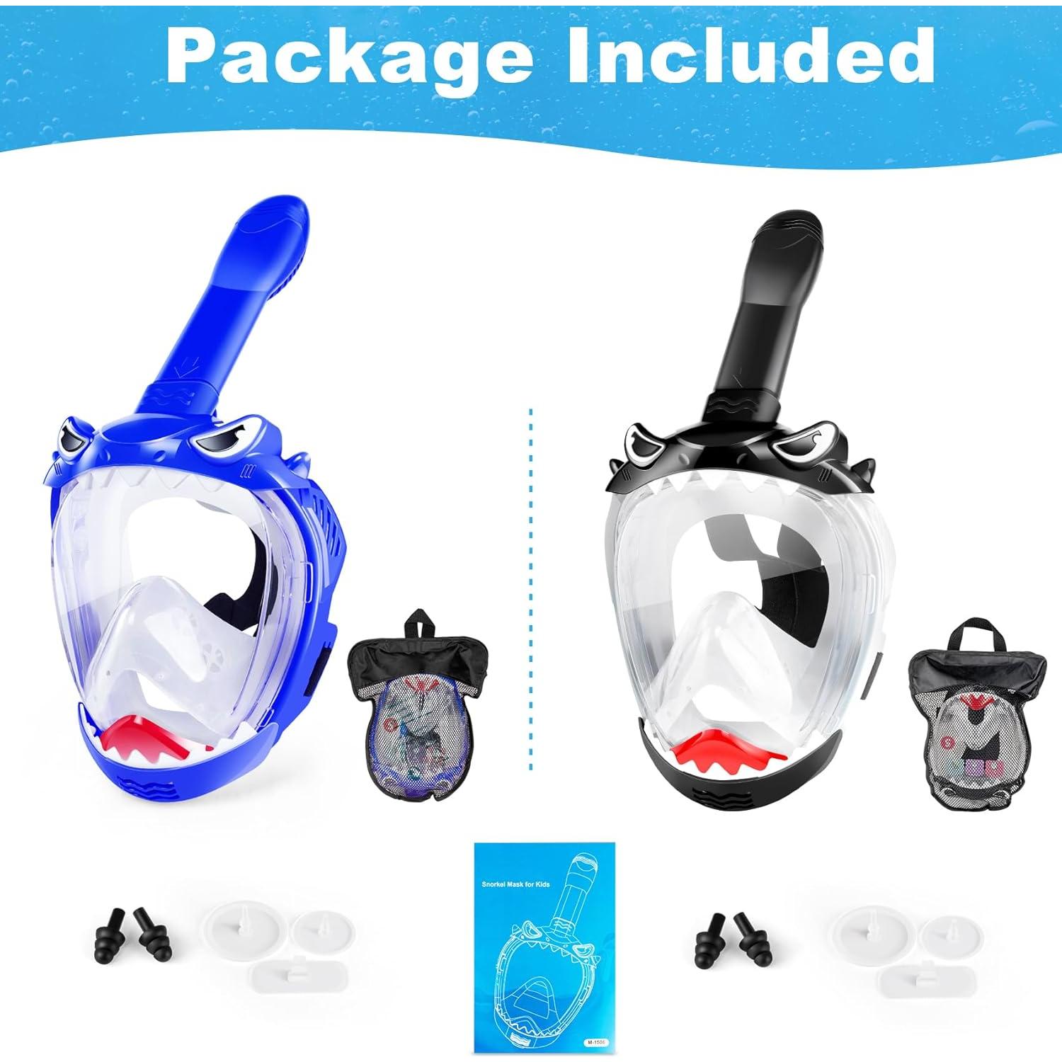 Full Face Snorkel Mask for Kids, Kids Snorkeling Set 180 Degree Panoramic View, Safe Anti-Leak Anti-Fog, Foldable Dry Top Snorkeling Gear for Kids Adult, Advanced Breathing System, 2 Pack