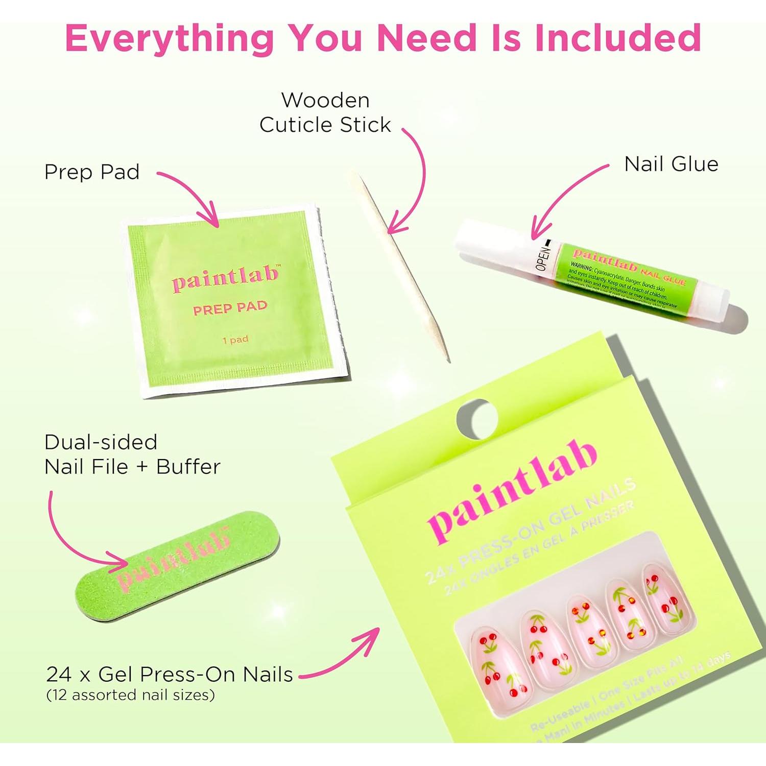 Kit de Manicura Uñas Postizas PaintLab Cherry Bomb 24 Piezas