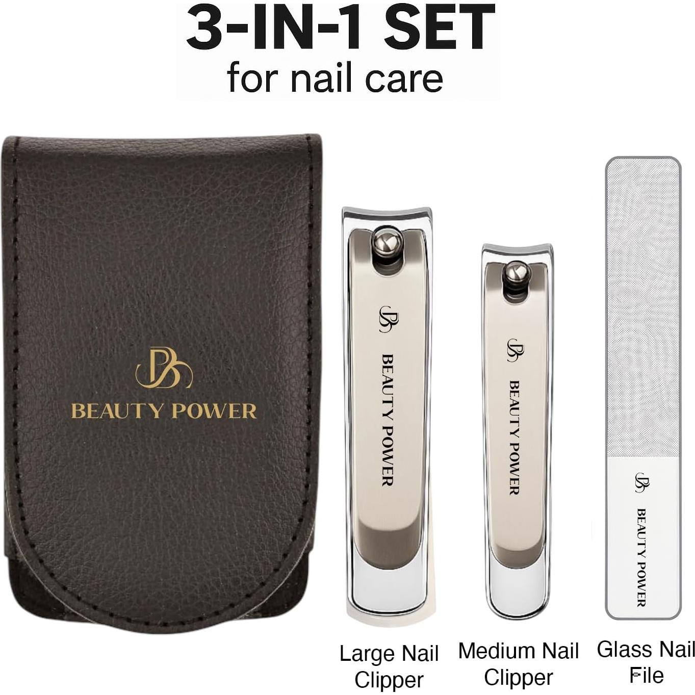 Juego de Cortauñas 3 en 1 Beauty Power - Acero Inoxidable, Estuche Negro