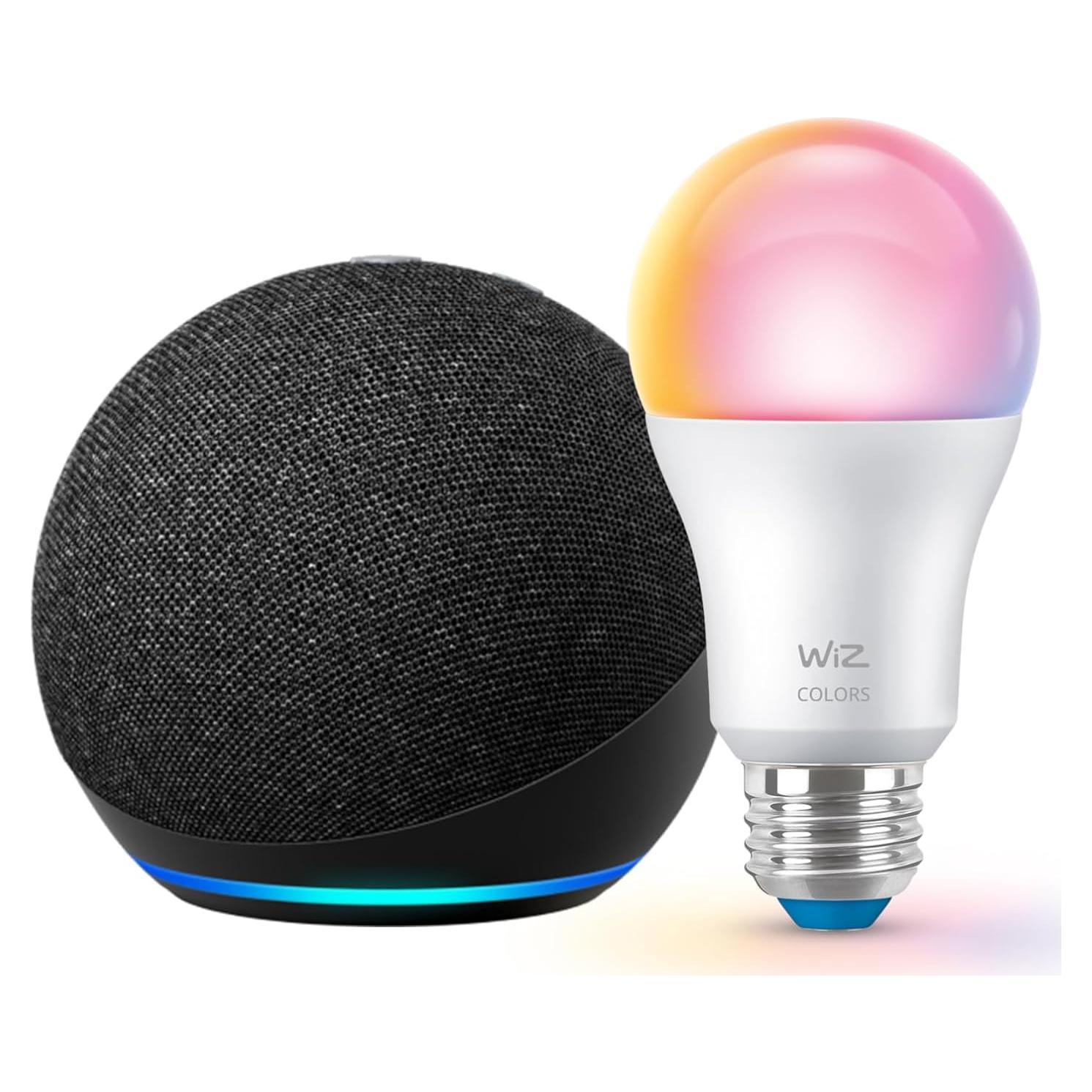 Echo Dot (newest model) with WiZ 60W A19 LED Smart Color Bulb - Connects to Your Wi-Fi - E26 Base - Control with Voice or App - Matter Compatible