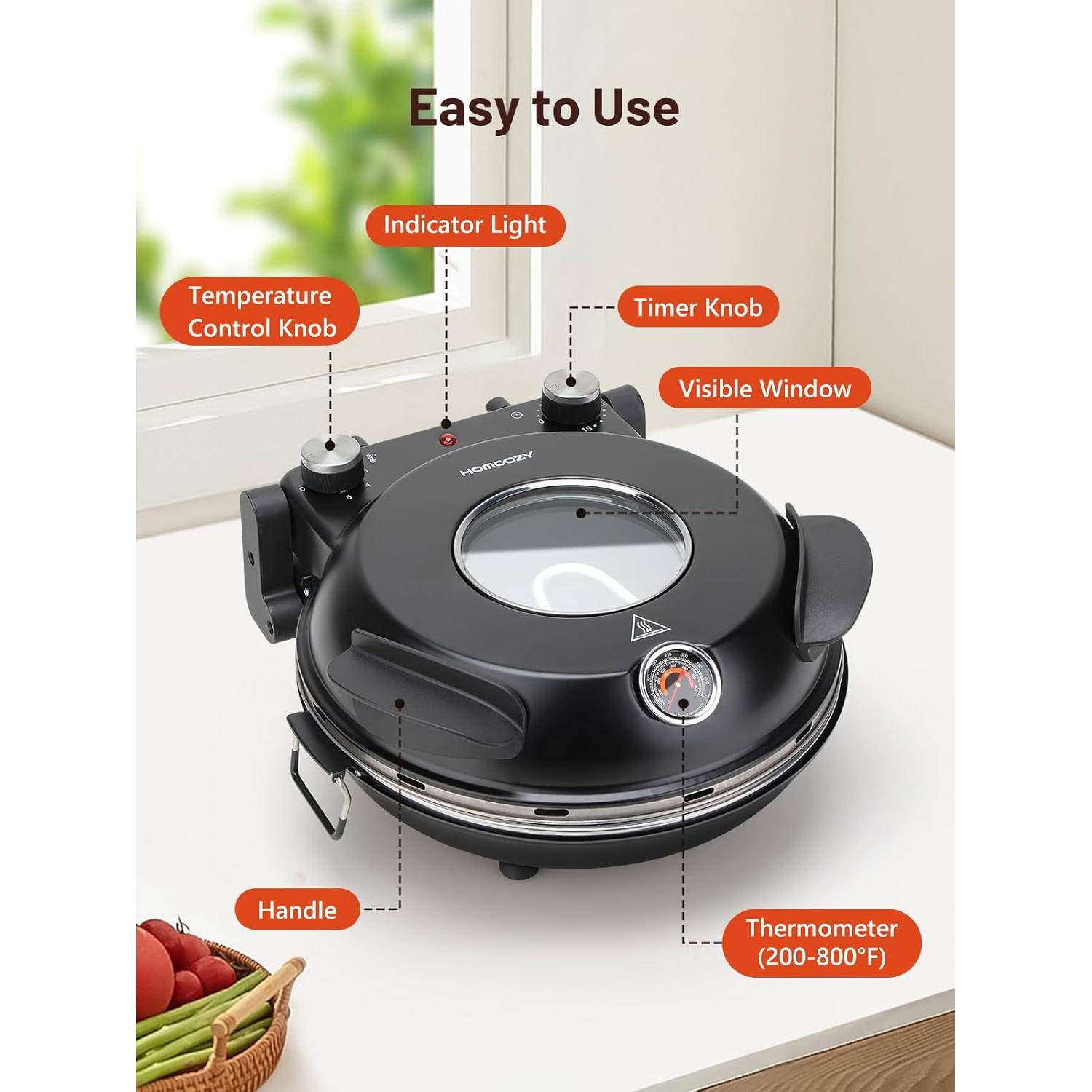 Horno de Pizza Eléctrico HomCozy 12" con Piedra Cerámica 1200W