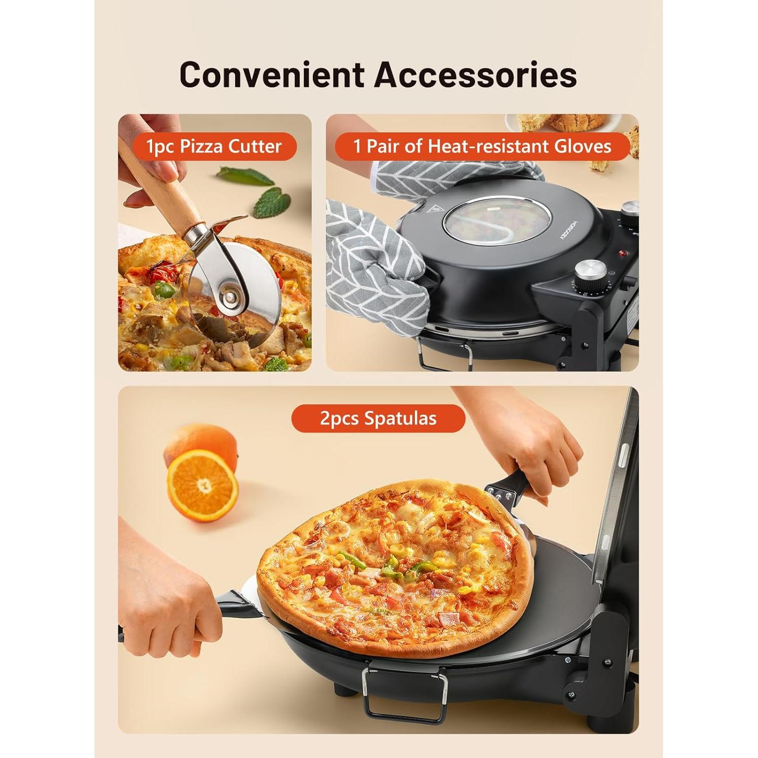 Horno de Pizza Eléctrico HomCozy 12" con Piedra Cerámica 1200W