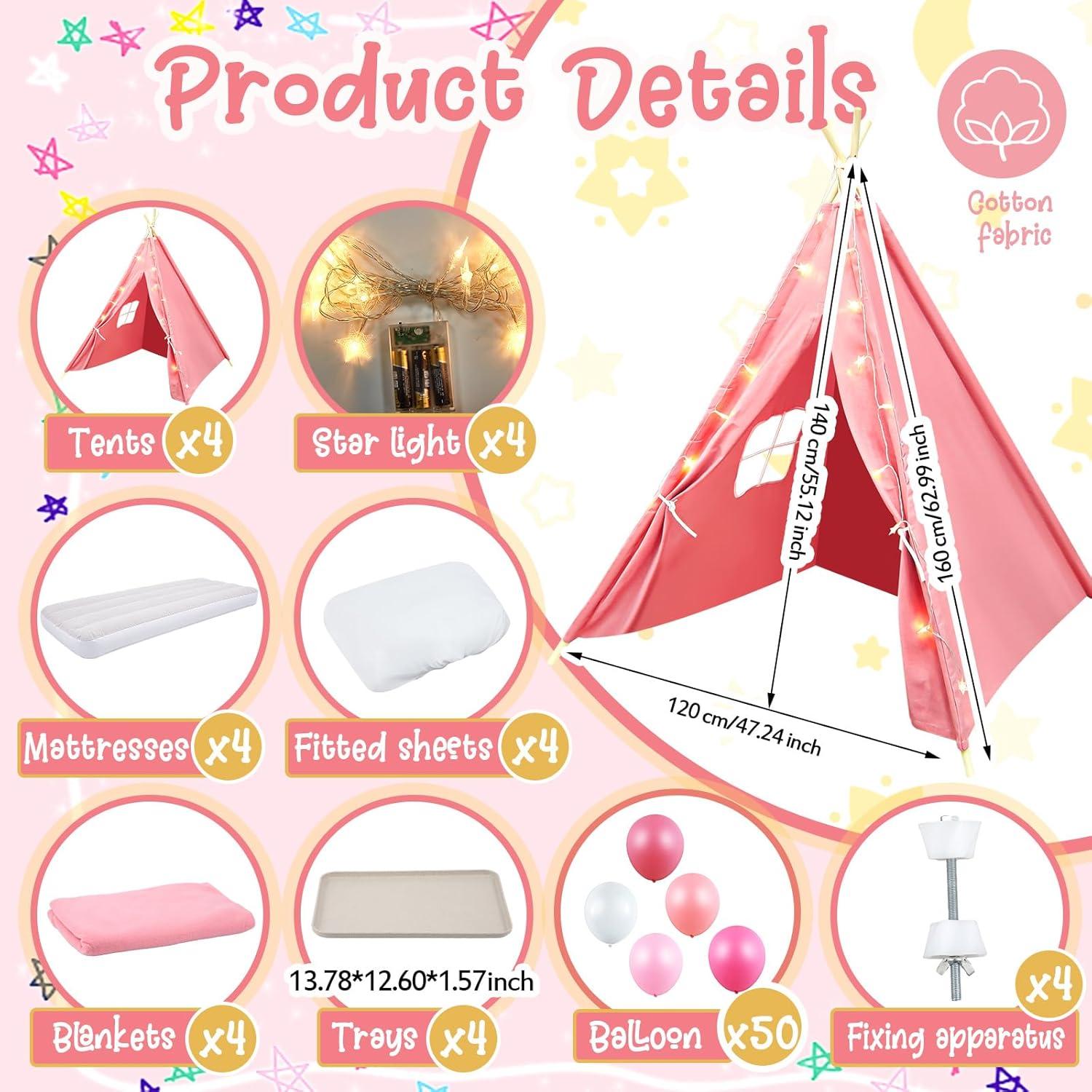 Tienda Teepee Windyun 4 Pack Rosa con Colchón y Luces