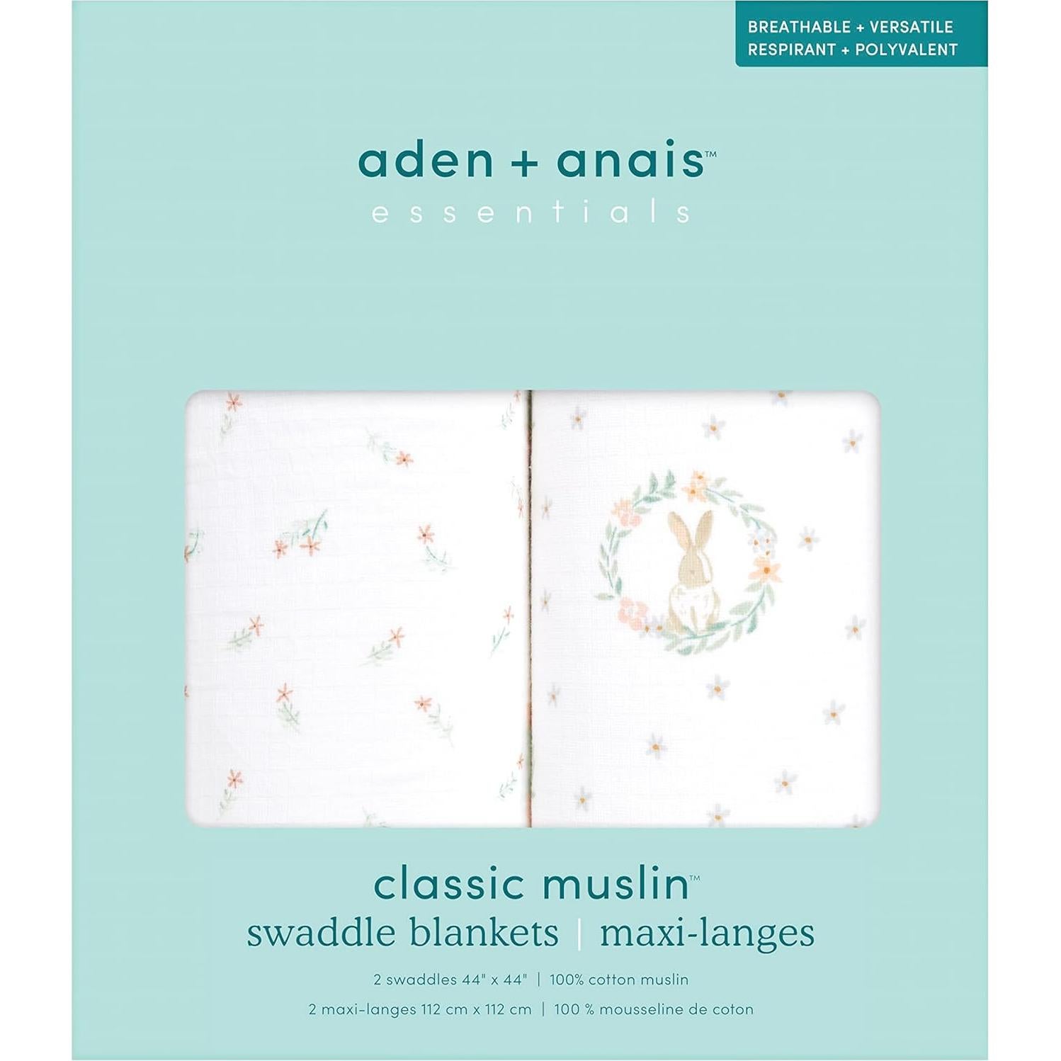 Mantas de Envolver Aden + Anais 2 Paquete Conejitos 111cm