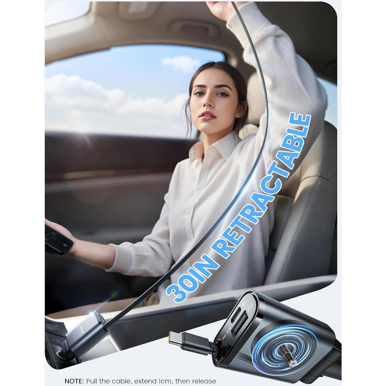 Cargador de coche Lamicall USB-C 57W con cable retráctil