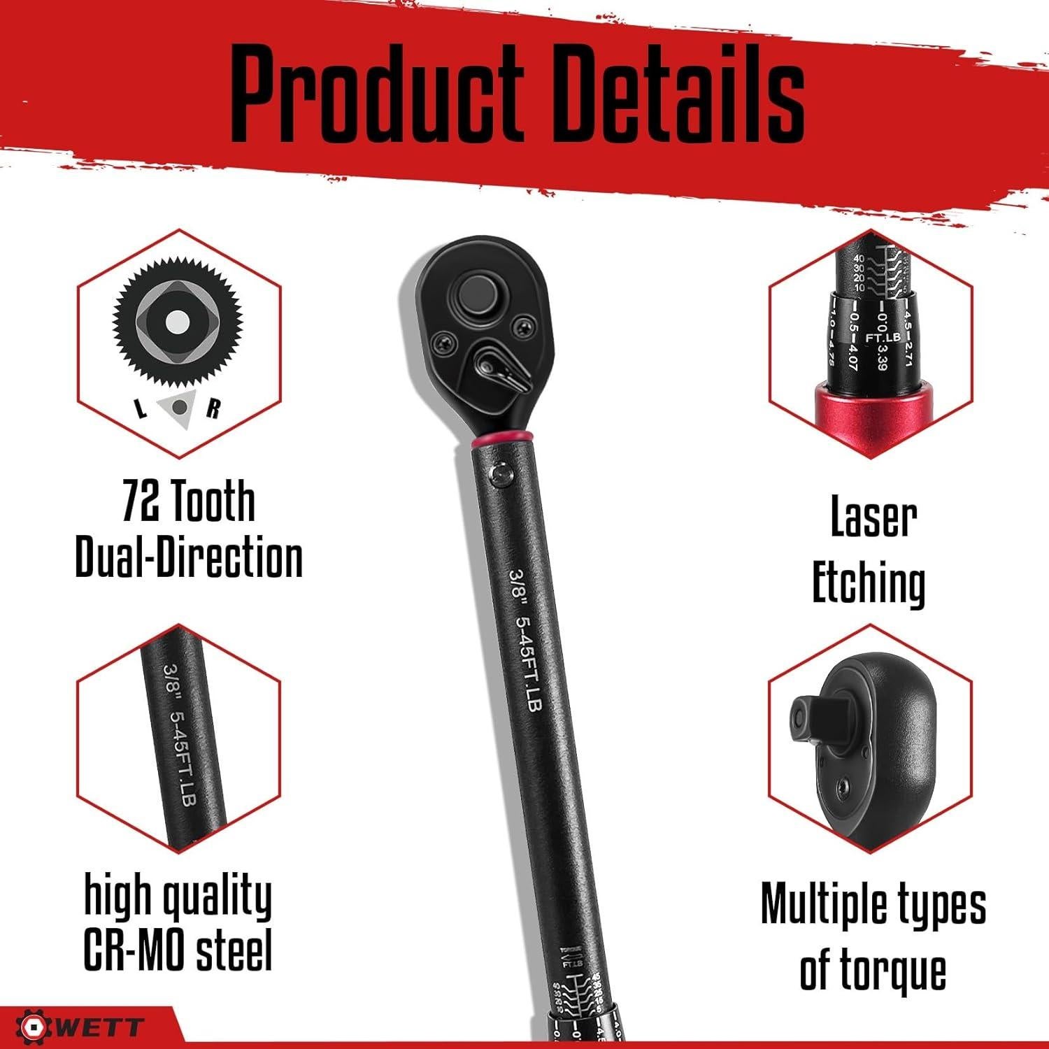 Juego de Llaves de Torque WETT 3 Piezas 1/4, 3/8, 1/2" 2.26-216.56NM