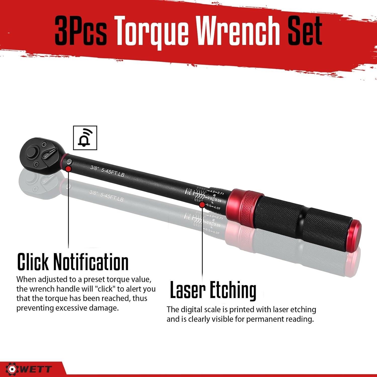 Juego de Llaves de Torque WETT 3 Piezas 1/4, 3/8, 1/2" 2.26-216.56NM