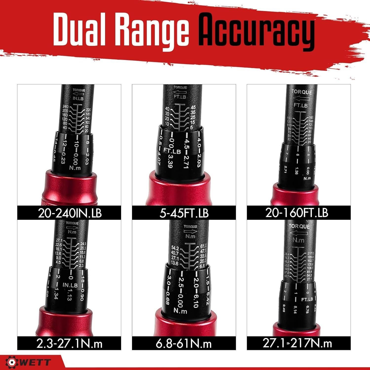 Juego de Llaves de Torque WETT 3 Piezas 1/4, 3/8, 1/2" 2.26-216.56NM