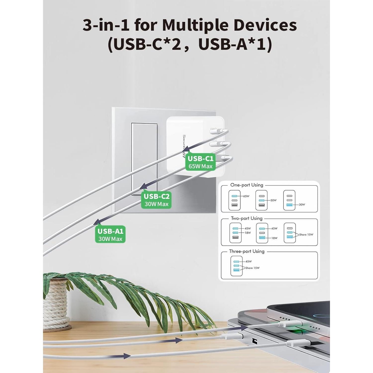 Cargador Rápido Security-01 65W USB-C GaN 3 Puertos