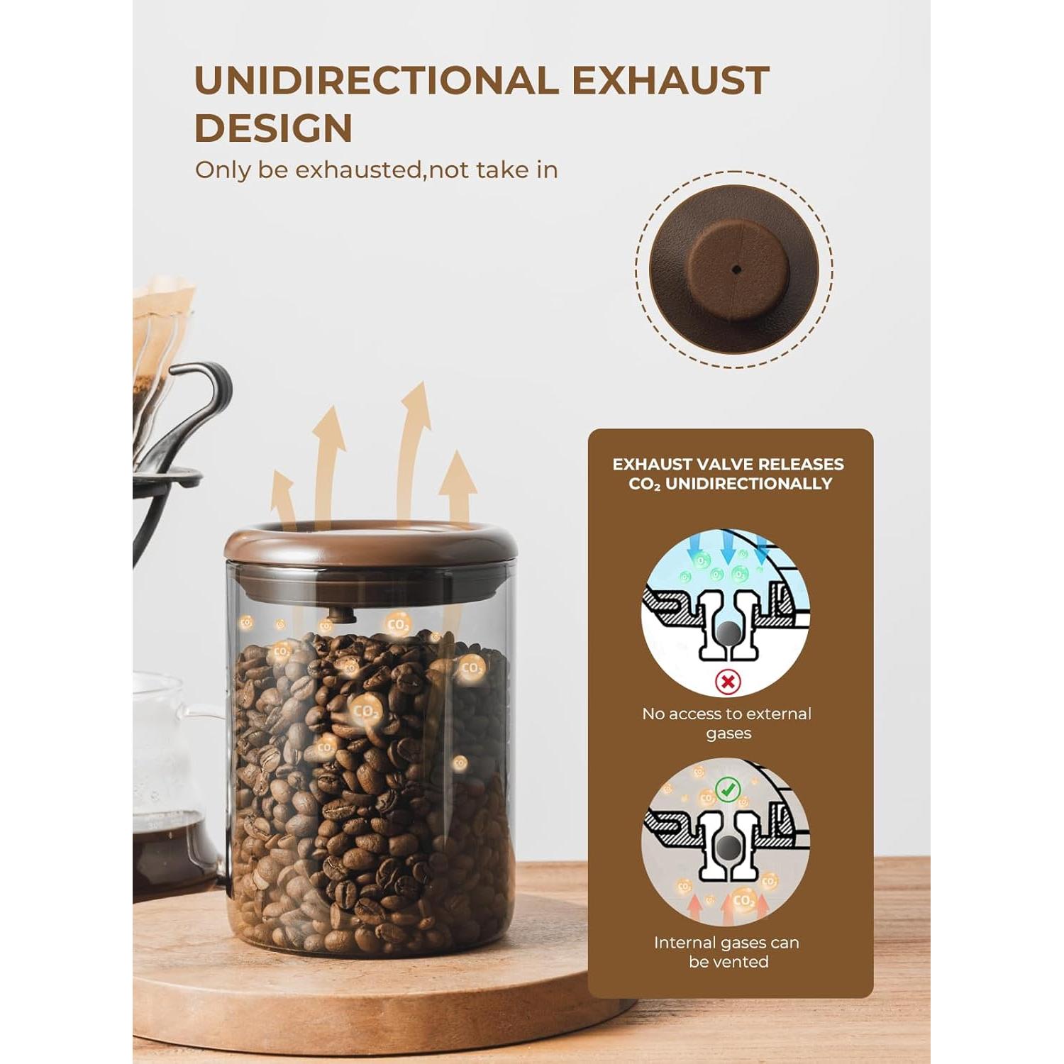 Ground Coffee Glass Container Airtight 10 oz – Pop Top Ground Coffee Canister with CO₂ Valve, 0.63lb Coffee Bean Container, UV Resistant