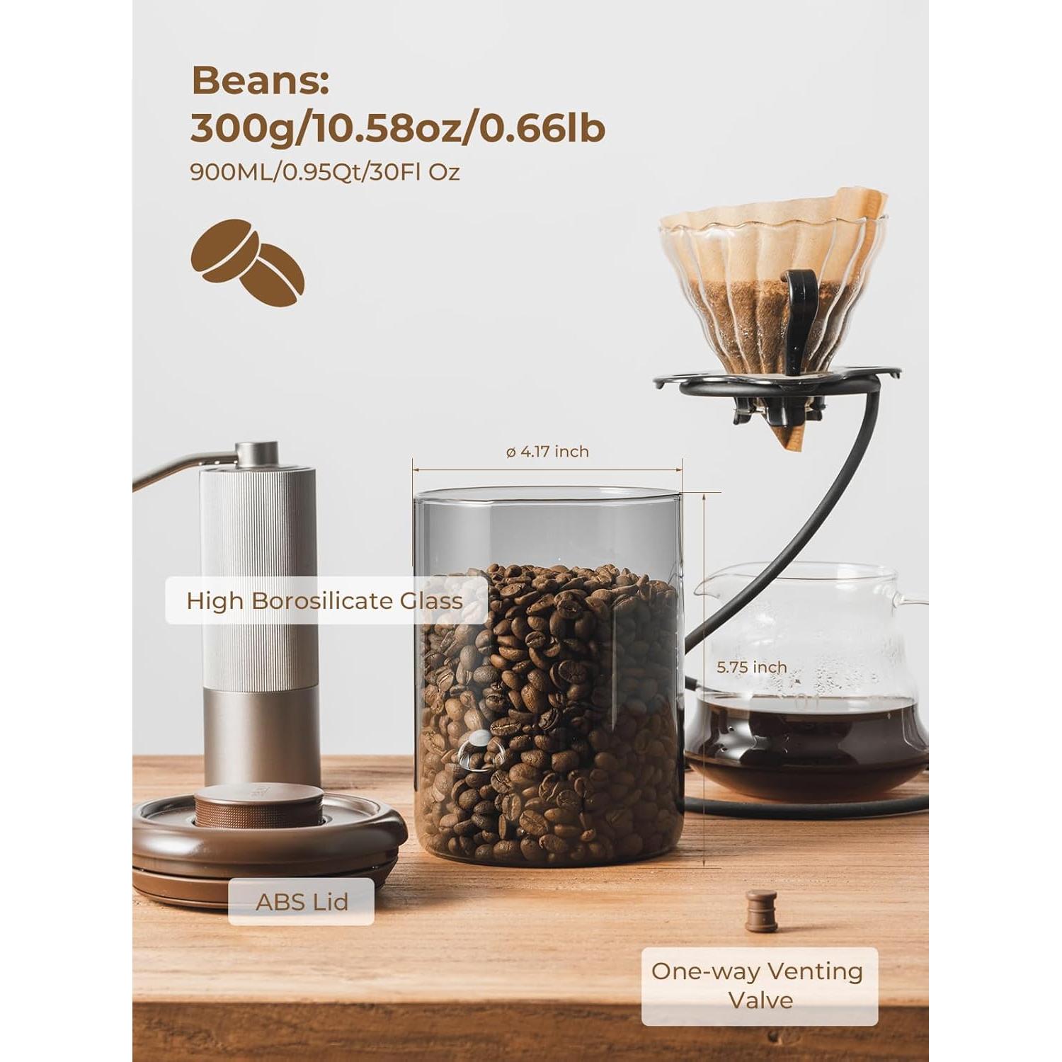 Ground Coffee Glass Container Airtight 10 oz – Pop Top Ground Coffee Canister with CO₂ Valve, 0.63lb Coffee Bean Container, UV Resistant