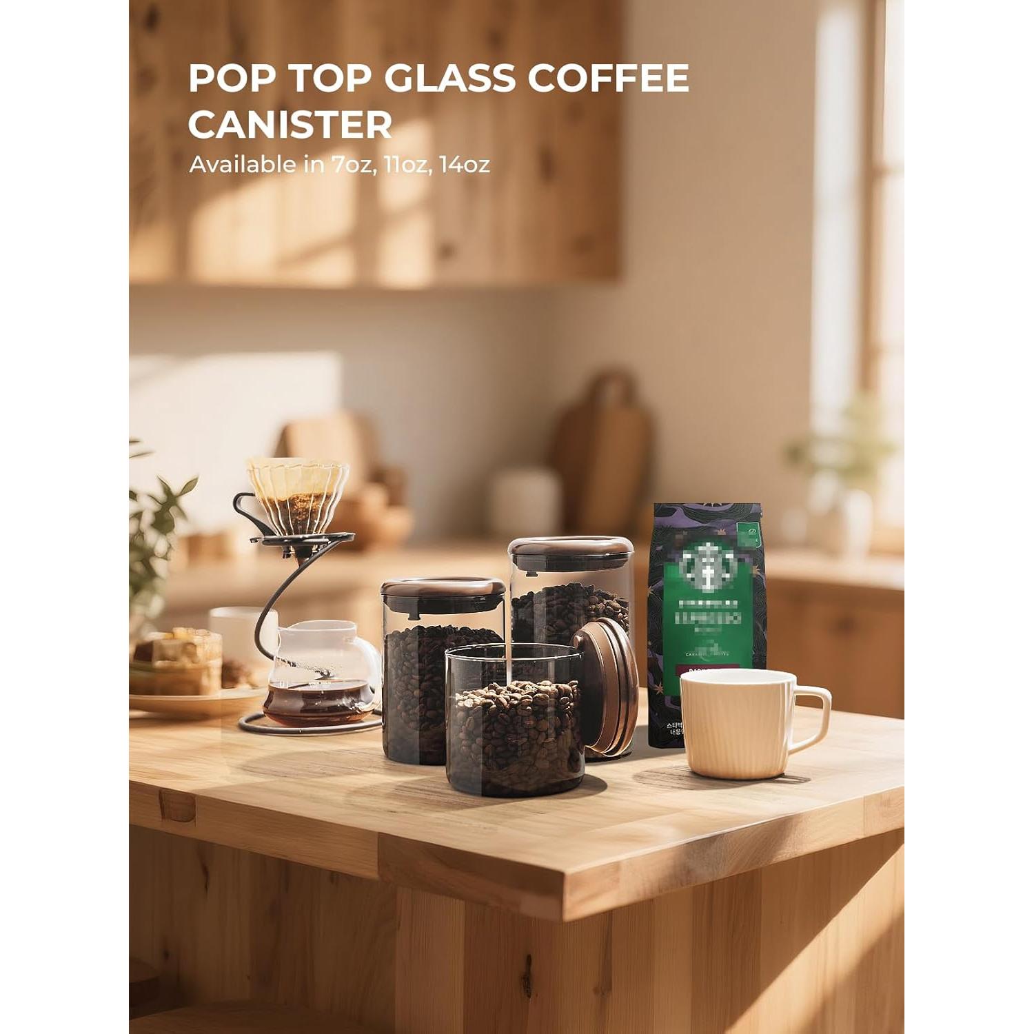 Ground Coffee Glass Container Airtight 10 oz – Pop Top Ground Coffee Canister with CO₂ Valve, 0.63lb Coffee Bean Container, UV Resistant