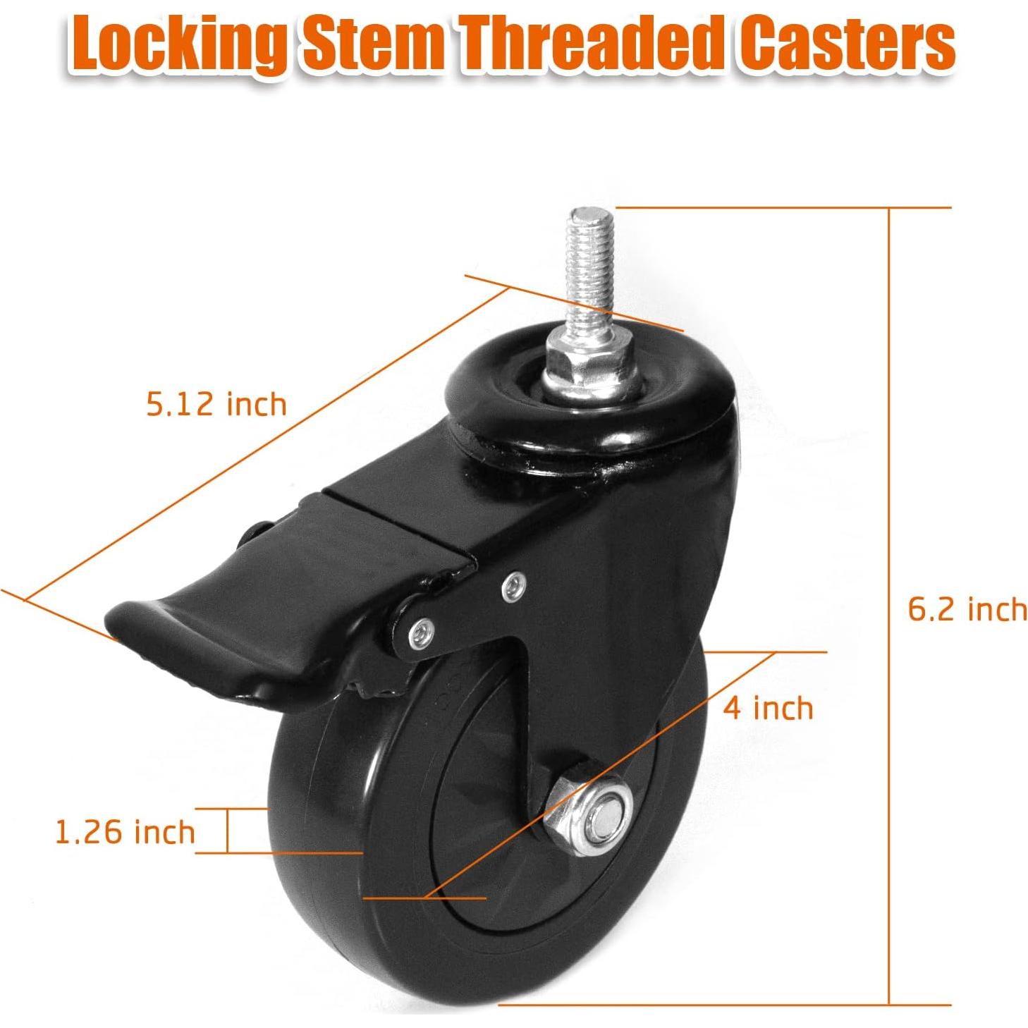 Caster Wheels 4 Inch Locking Stem Casters,Swivel Stem Casters Suitable for Original Big Size Green Egg Rolling Cart Mute Threaded Stem Casters Set of 4 Heavy Duty Castors Black